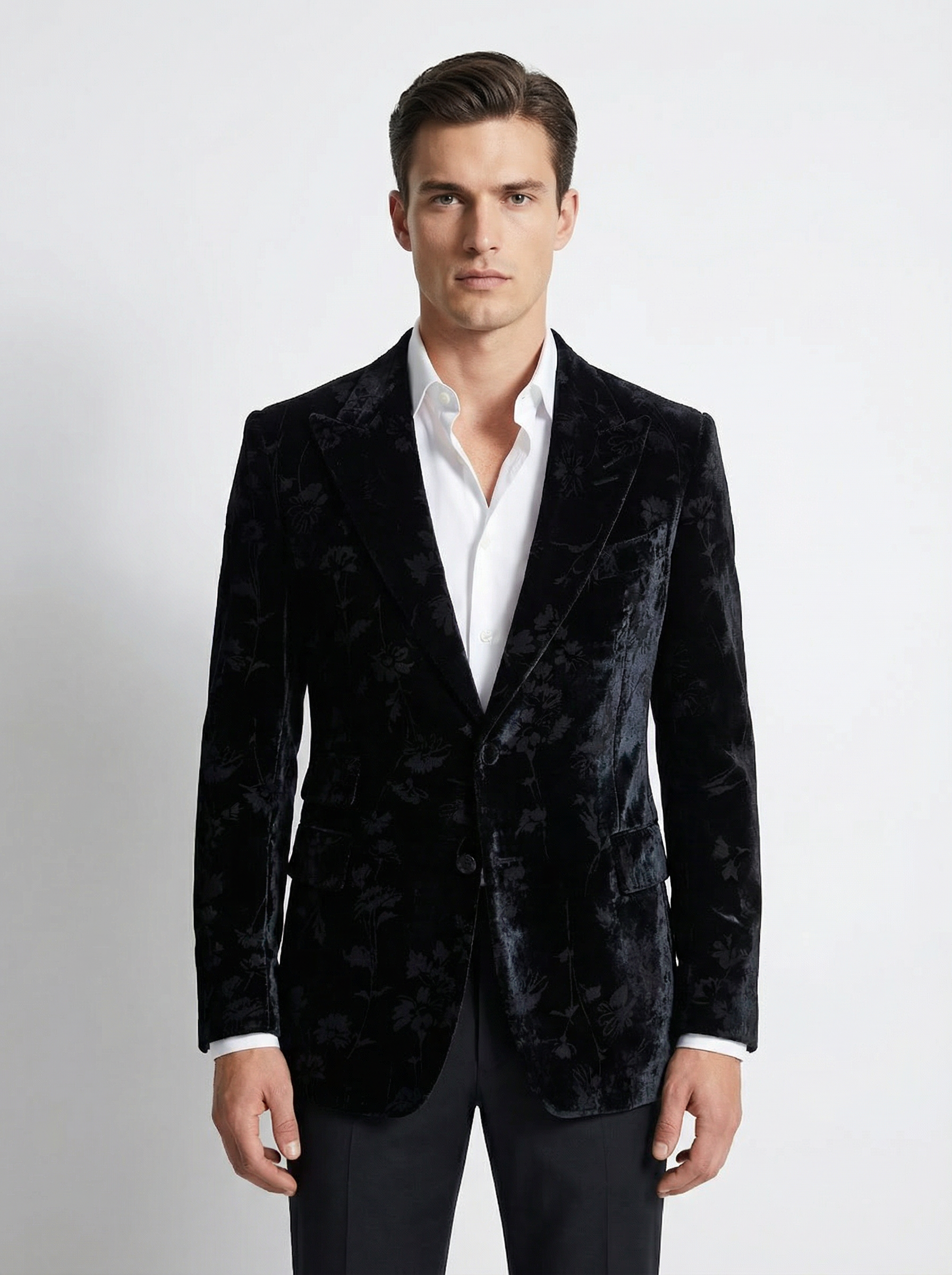WP French Embossed Velvet Jacket Ensemble Deep Black Floral