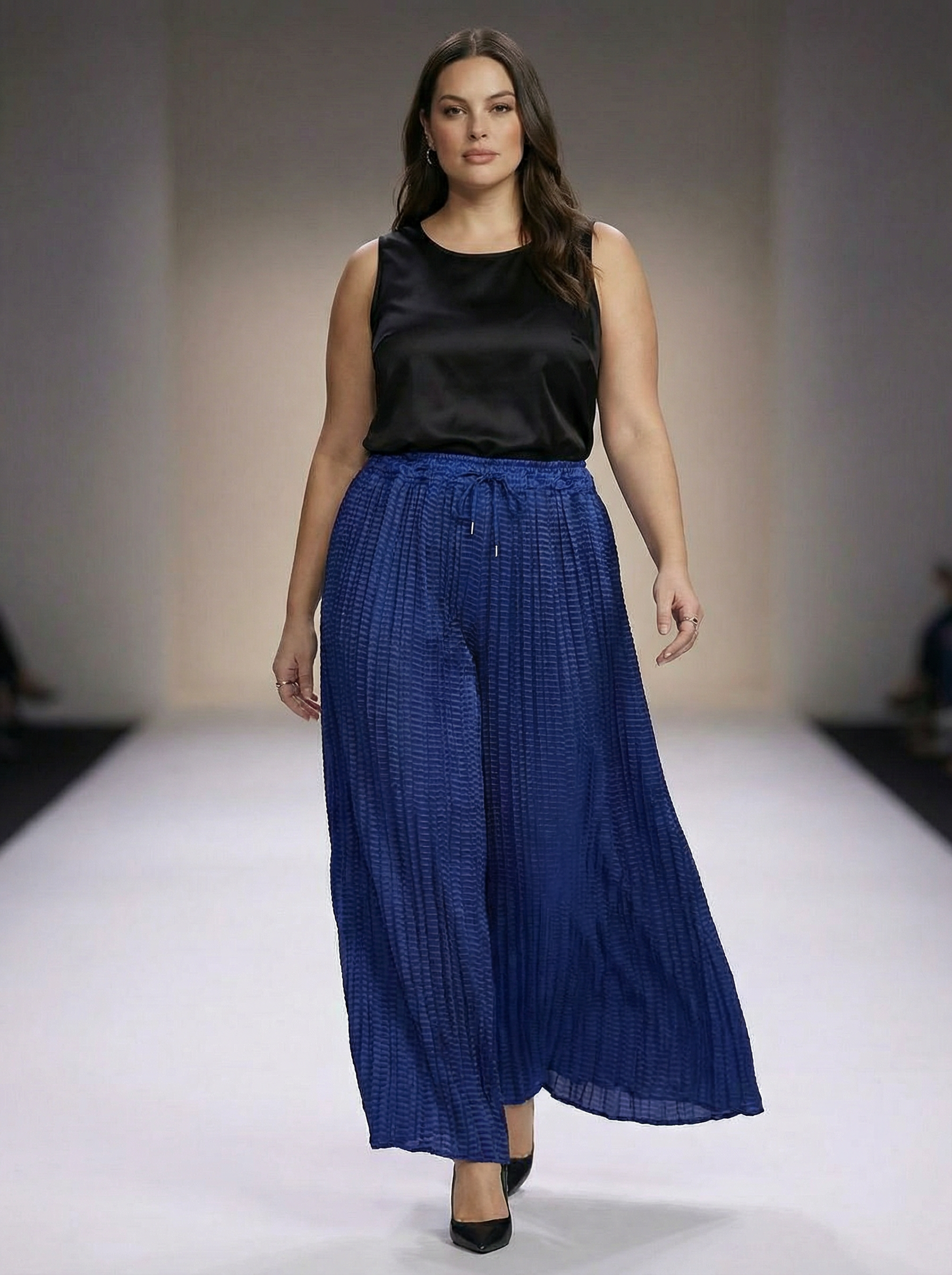 WP Zinnia Silk Crush Flow Pants Navy Blue one Size Fit to all.-thumbmail-3