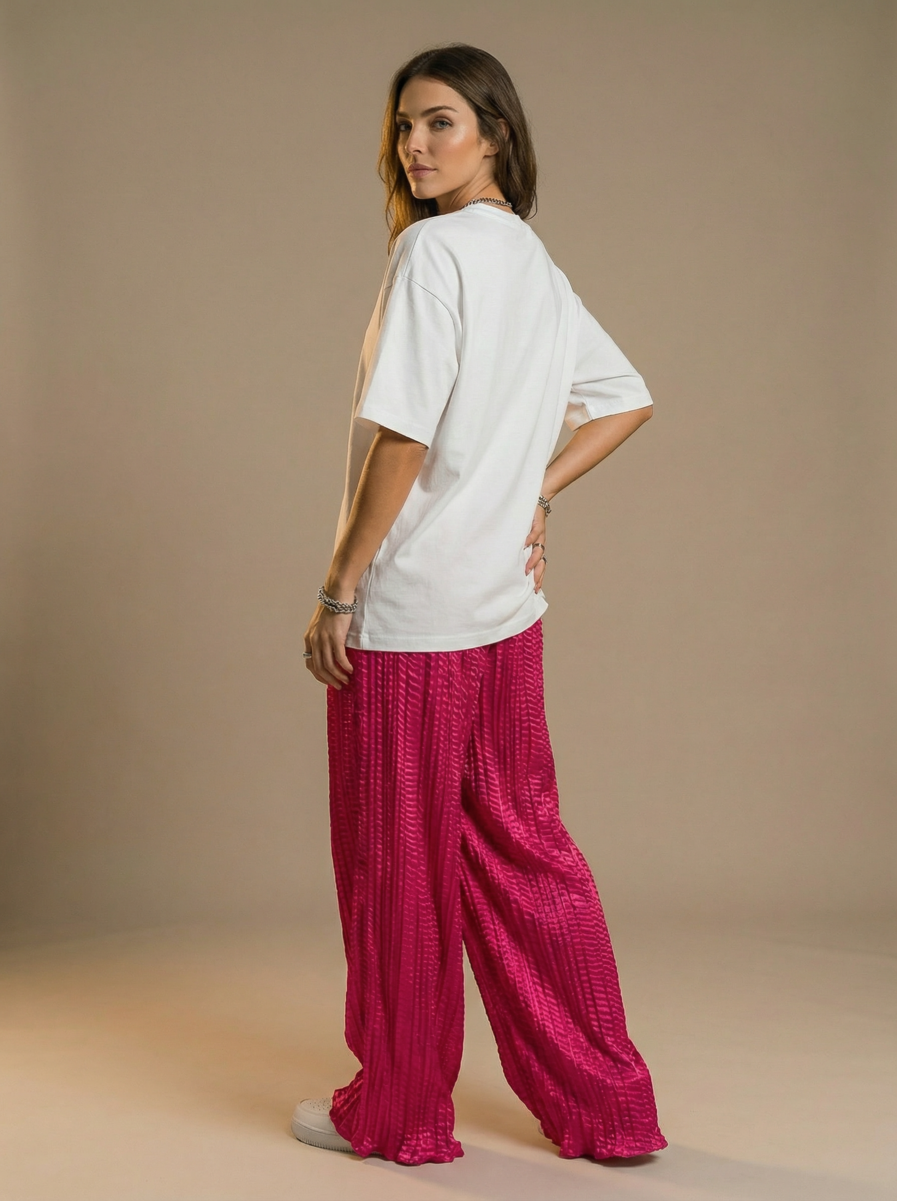 WP Zinnia Silk Crush Flow Pants Hot Pink one Size Fit to all.-thumbmail-4