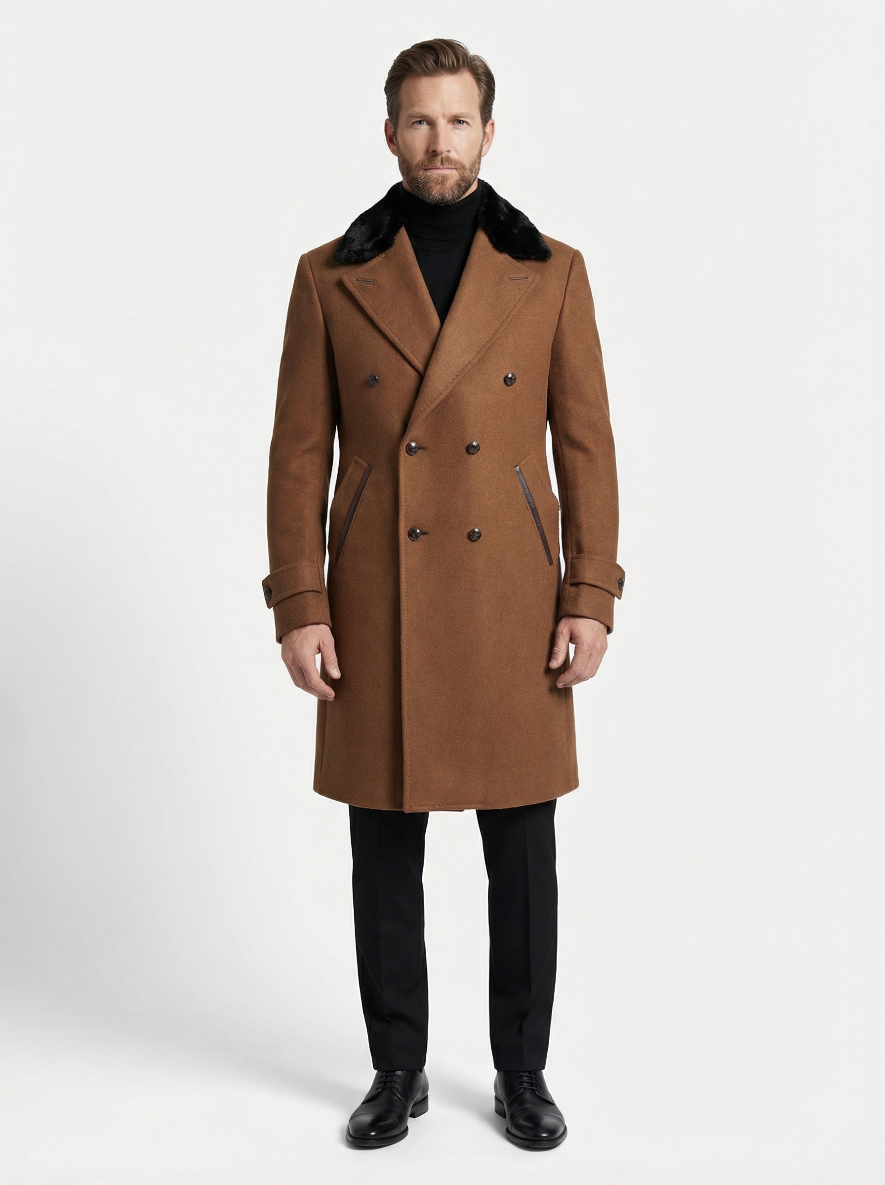 Australian Wool Double-Breasted Long Jacket with Fur Collar & Super 180 Wool Pants-thumbmail-3