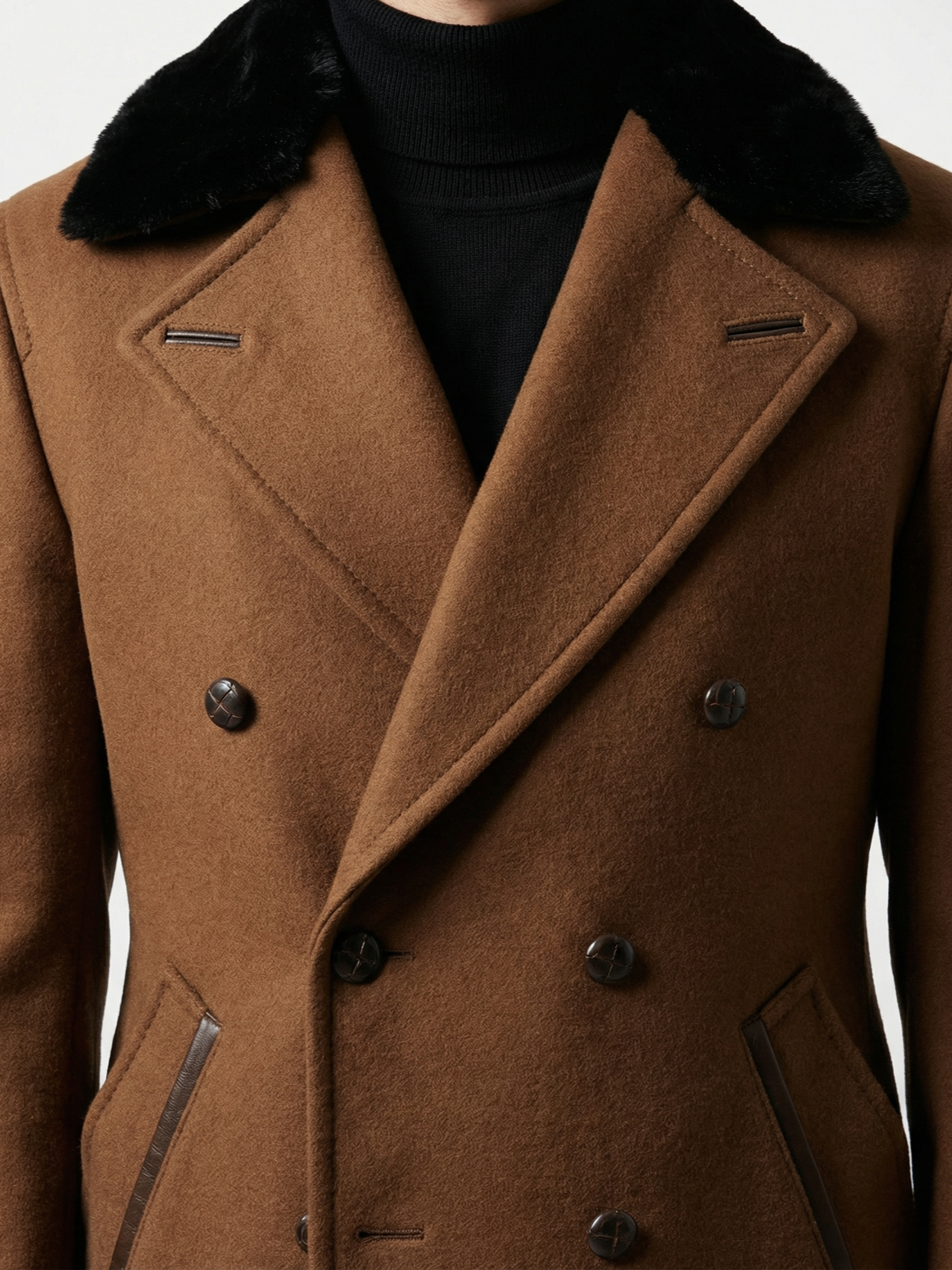 Australian Wool Double-Breasted Long Jacket with Fur Collar & Super 180 Wool Pants