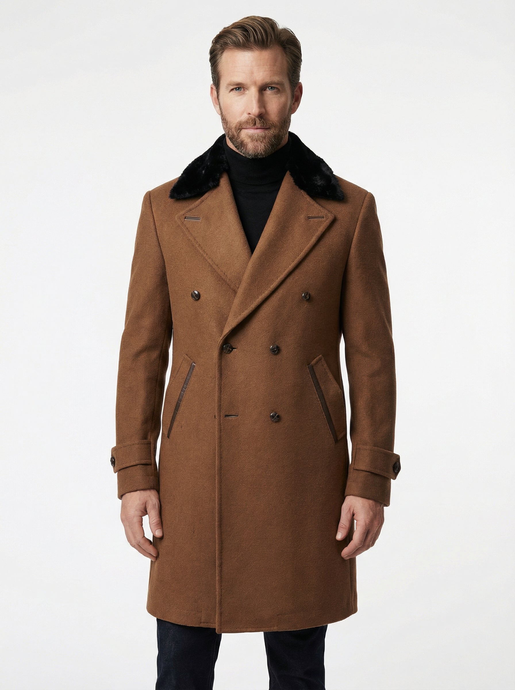 Australian Wool Double-Breasted Long Jacket with Fur Collar & Super 180 Wool Pants