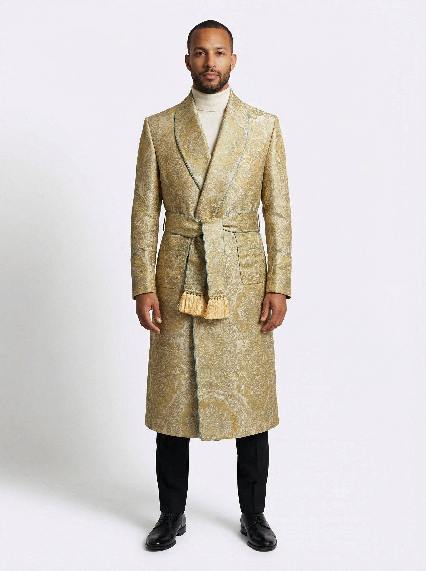 Opulent Gold-Embossed Off-White Silk Robe-thumbmail-3