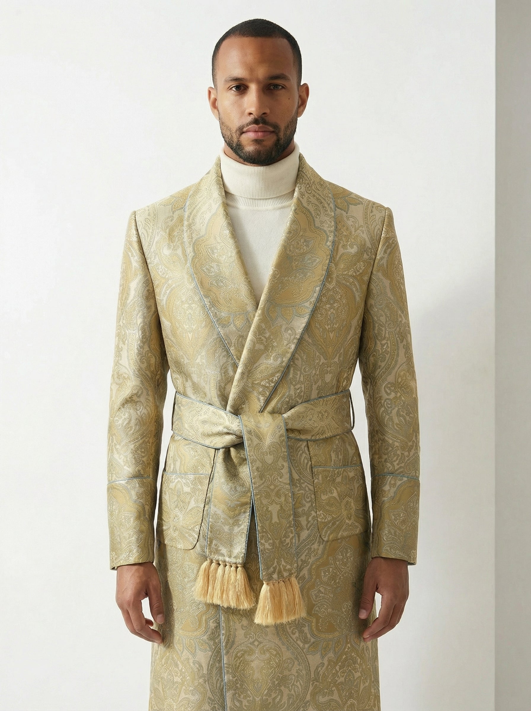 Opulent Gold-Embossed Off-White Silk Robe