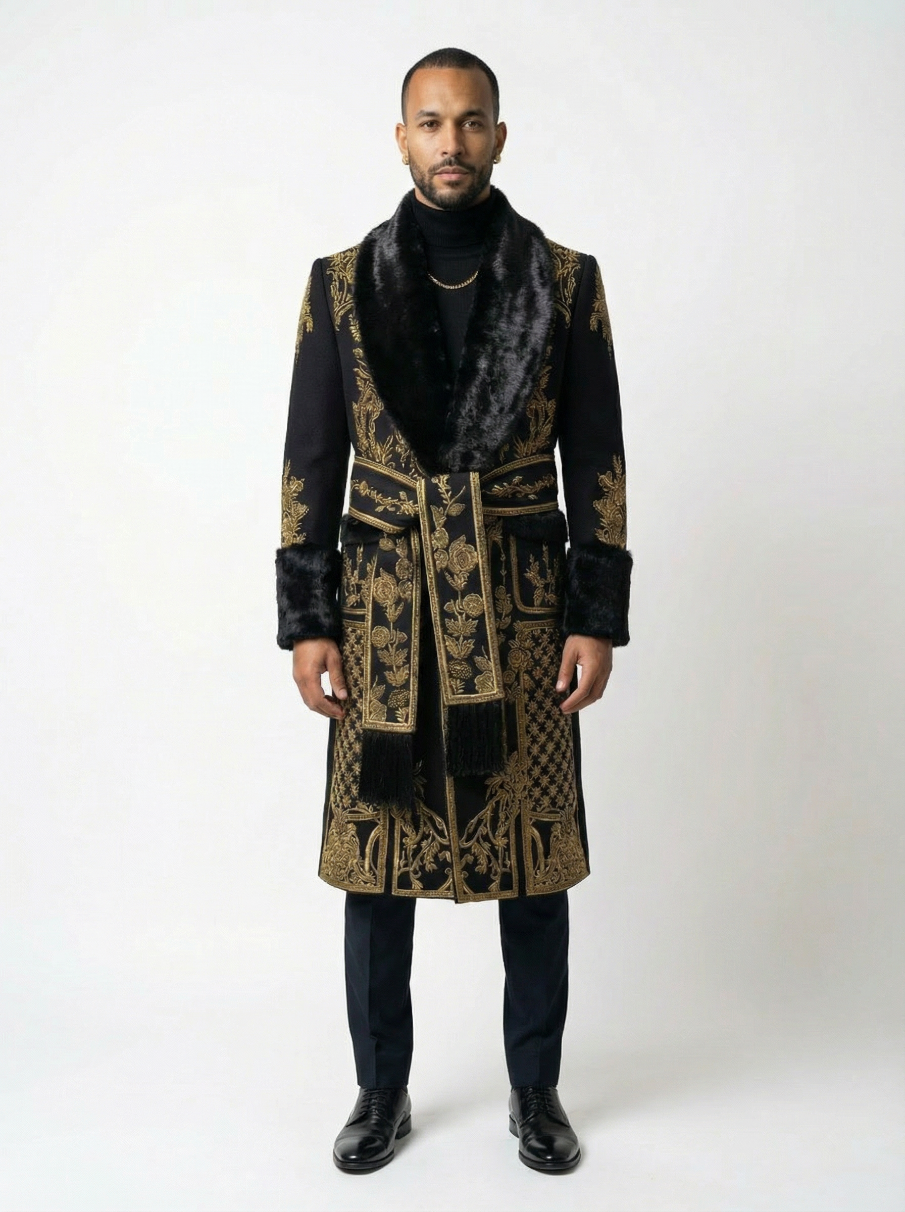 Deep Black Australian Wool Long Jacket with Fur, Napels, and Cuff Accents-thumbmail-3