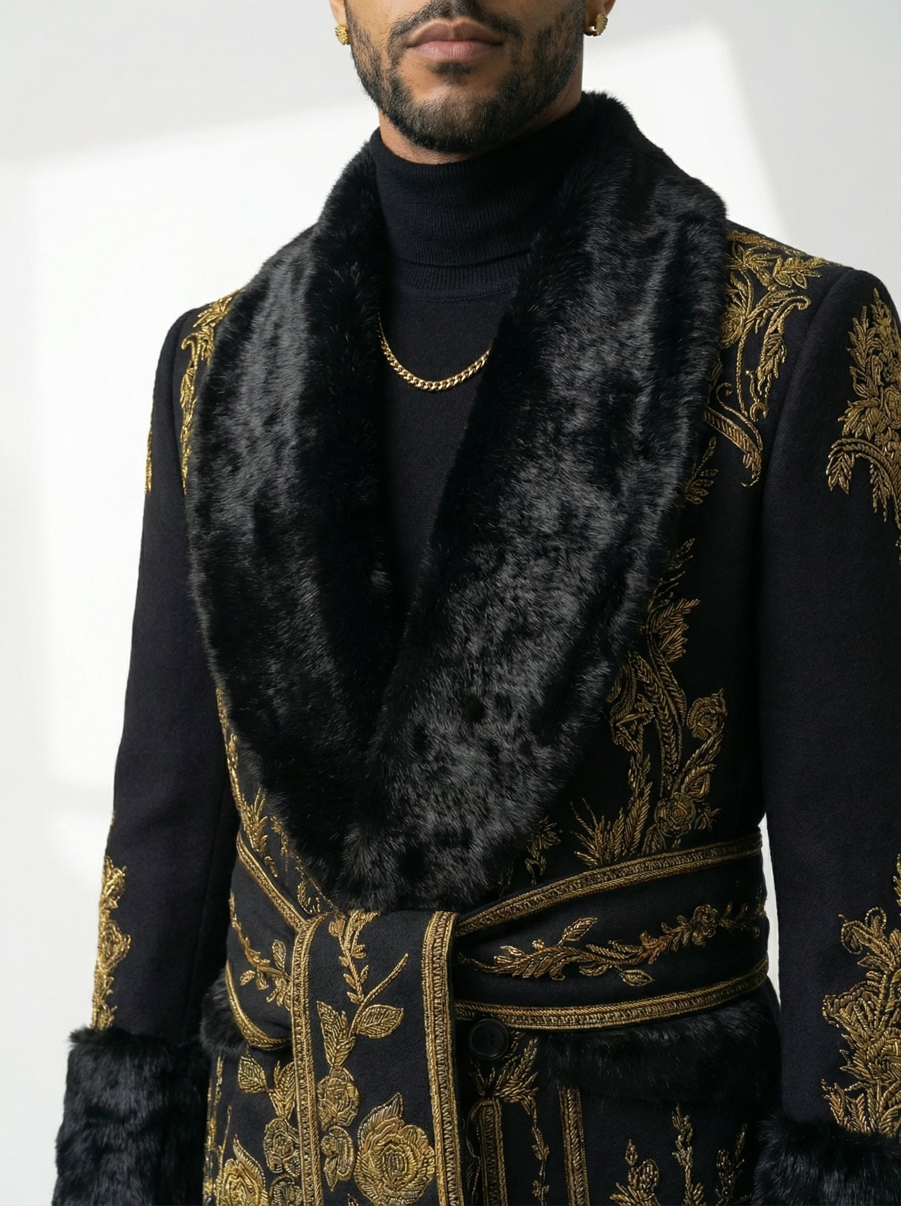Deep Black Australian Wool Long Jacket with Fur, Napels, and Cuff Accents