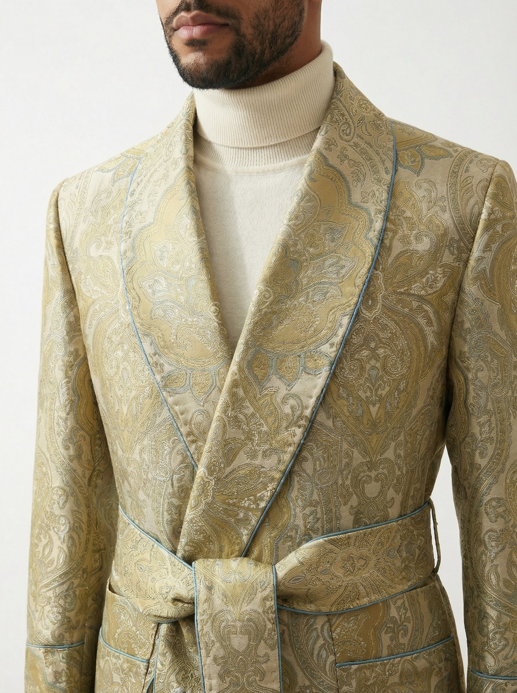 Opulent Gold-Embossed Off-White Silk Robe