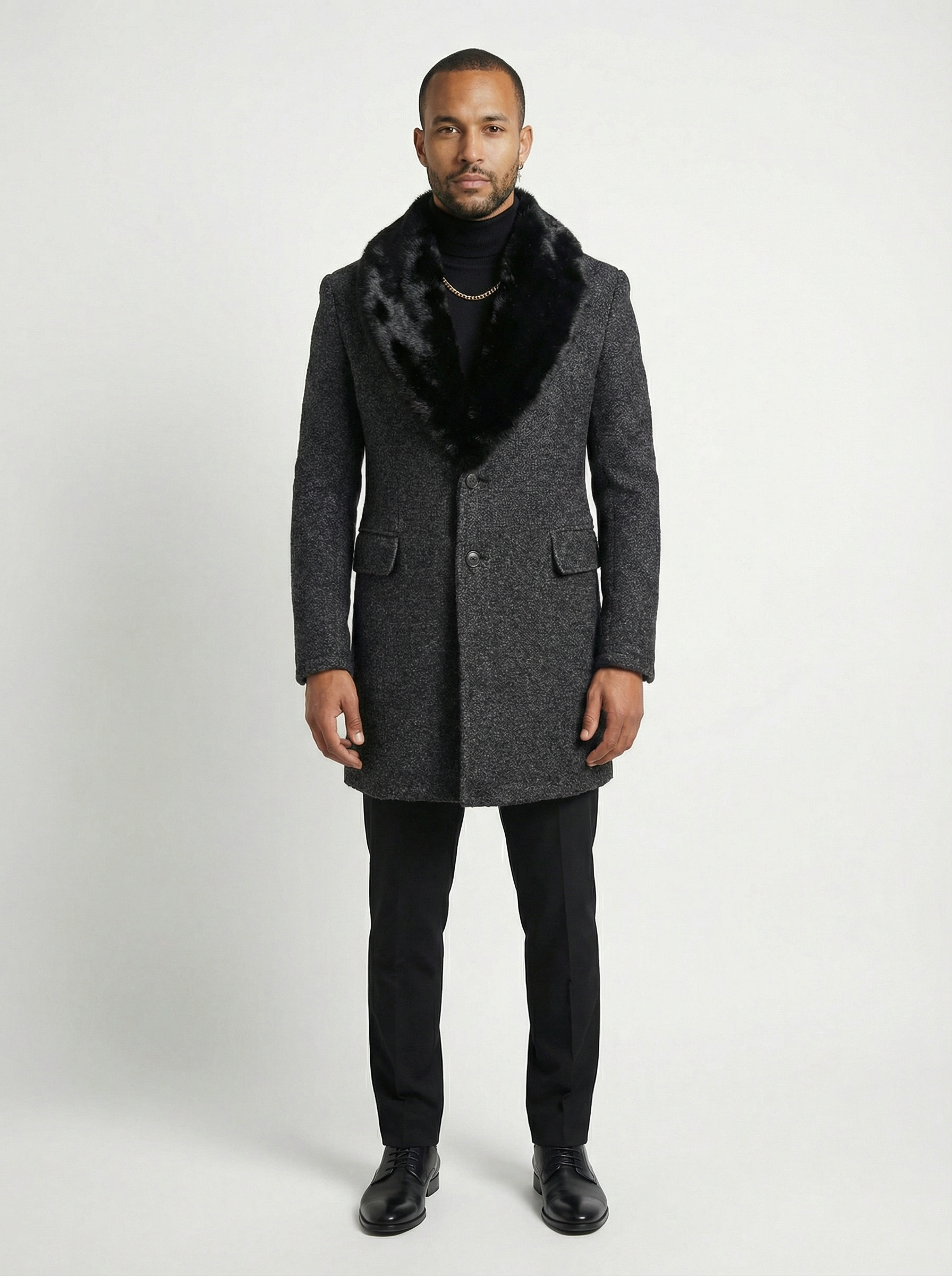 Australian Wool & Silk Charcoal Grey Long Jacket with High Shawl Fur Collar & Super 220s Wool Pants-thumbmail-3