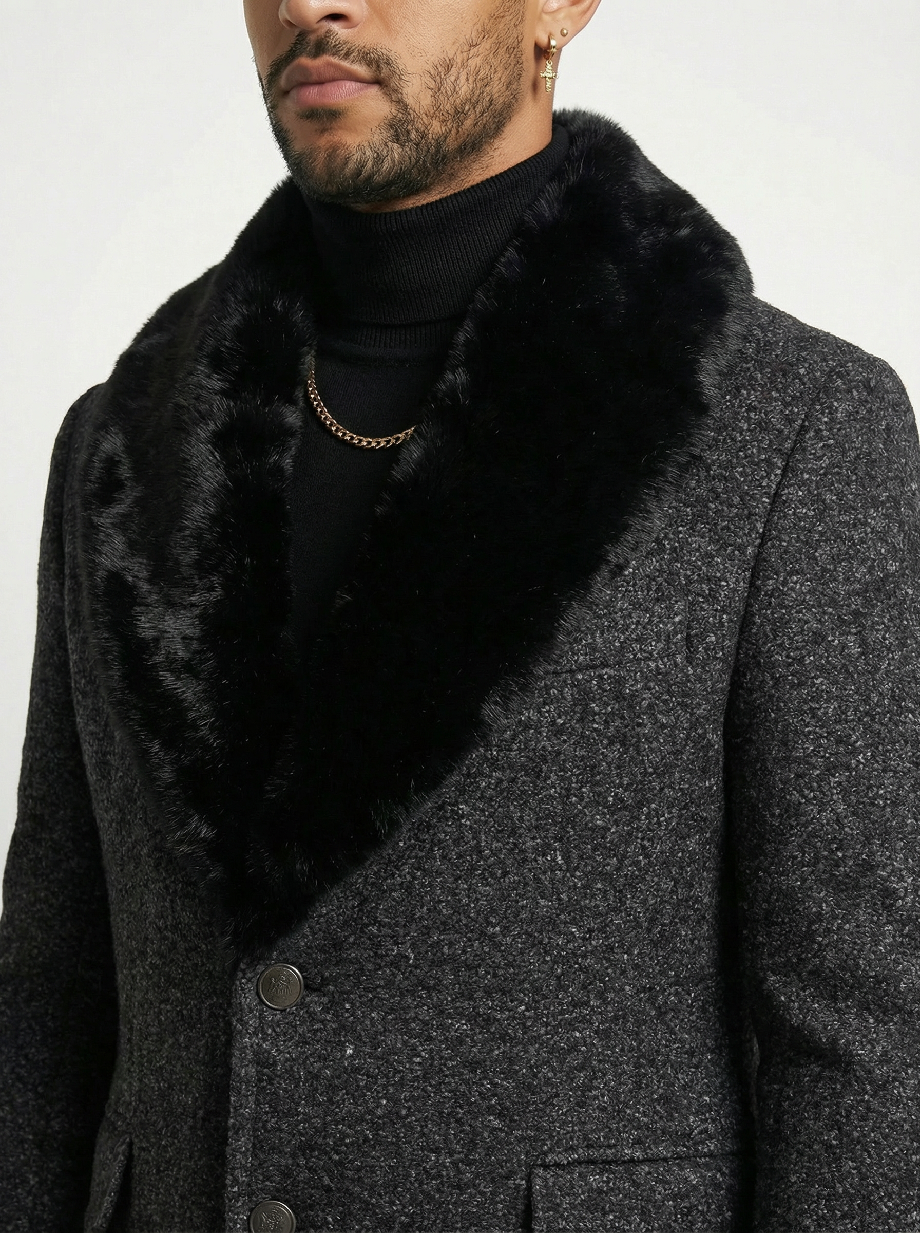 Australian Wool & Silk Charcoal Grey Long Jacket with High Shawl Fur Collar & Super 220s Wool Pants