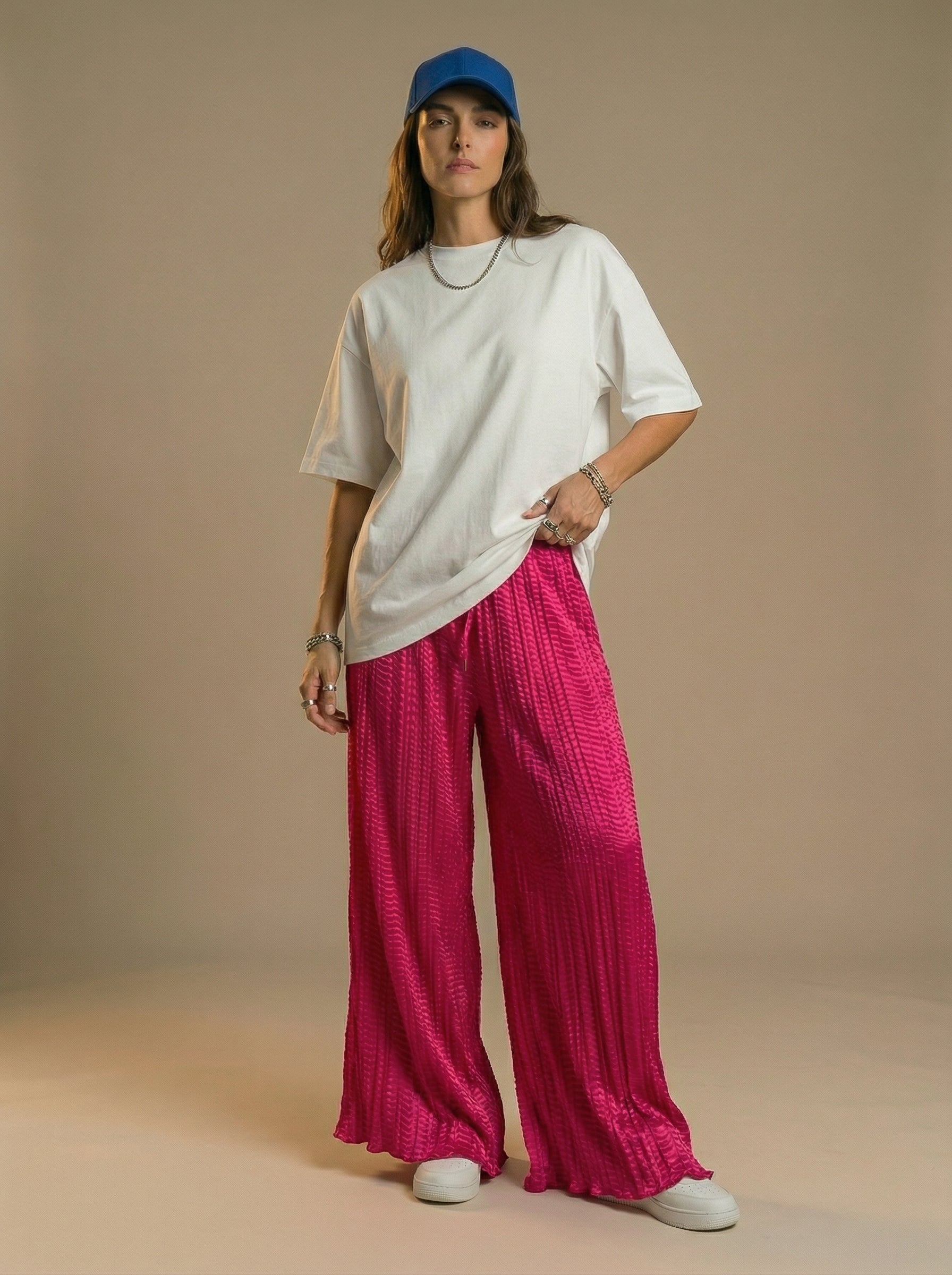 WP Zinnia Silk Crush Flow Pants Hot Pink one Size Fit to all.-thumbmail-5