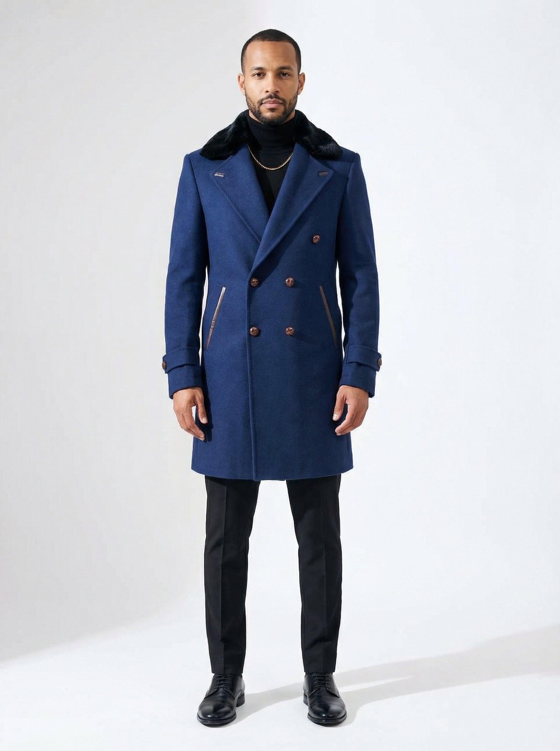 Australian Wool Double-Breasted Long Jacket Royal Blue with Fur Collar &amp; Super 180 Wool Pants&nbsp;-thumbmail-3
