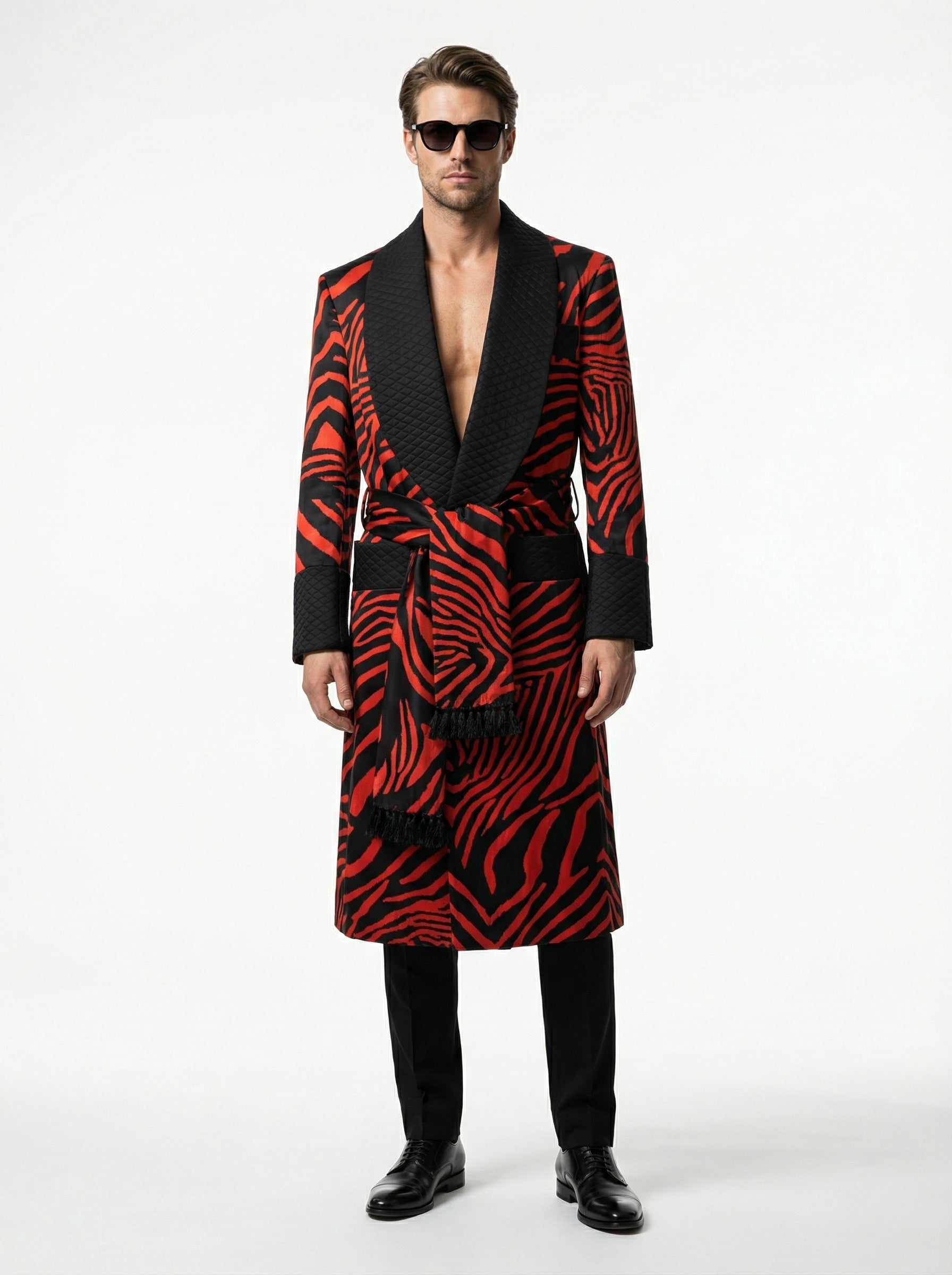 Silk Gown Tiger Print with Diamond Cut Lapels & Cuffs-thumbmail-3