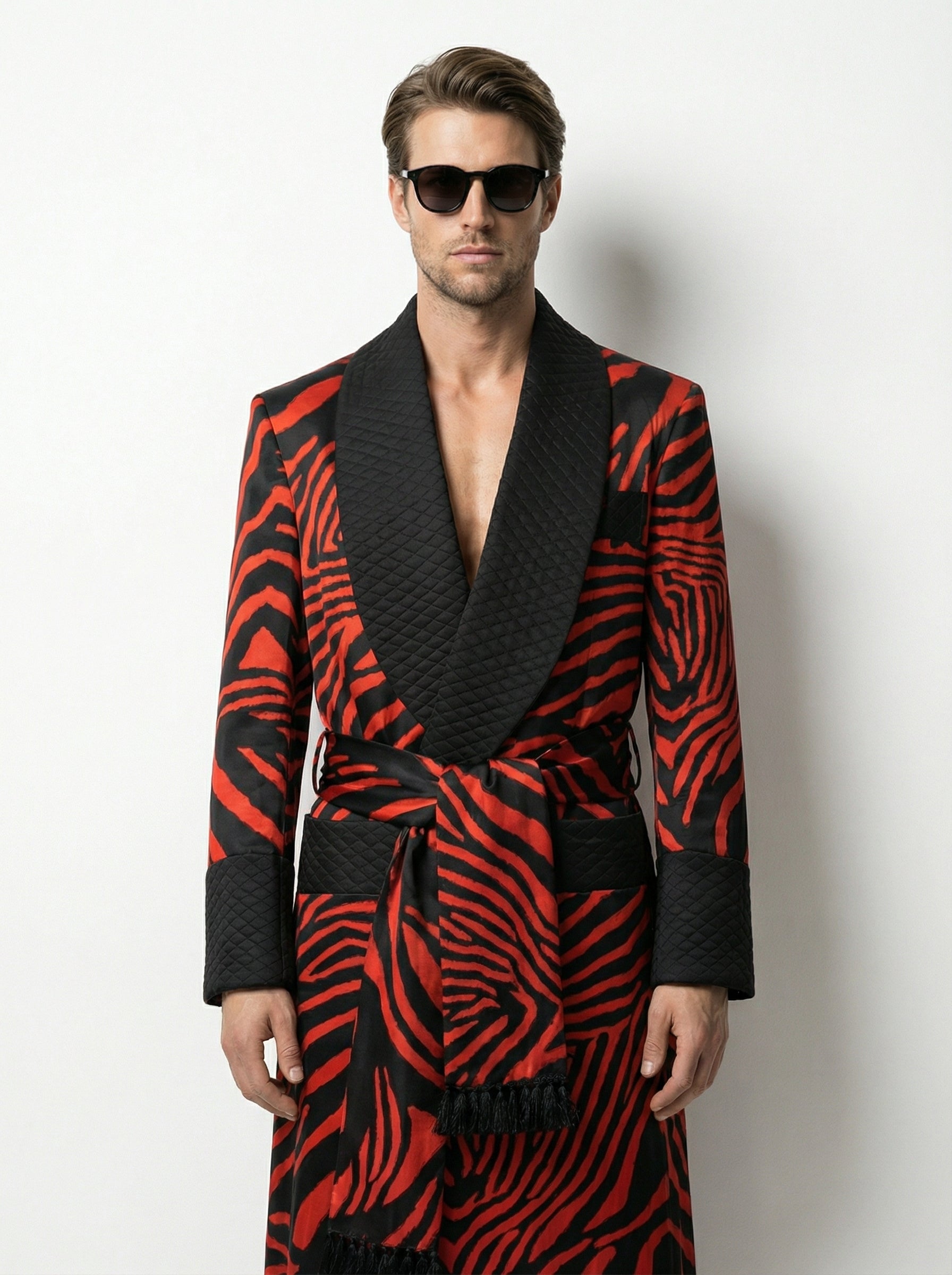 Silk Gown Tiger Print with Diamond Cut Lapels & Cuffs