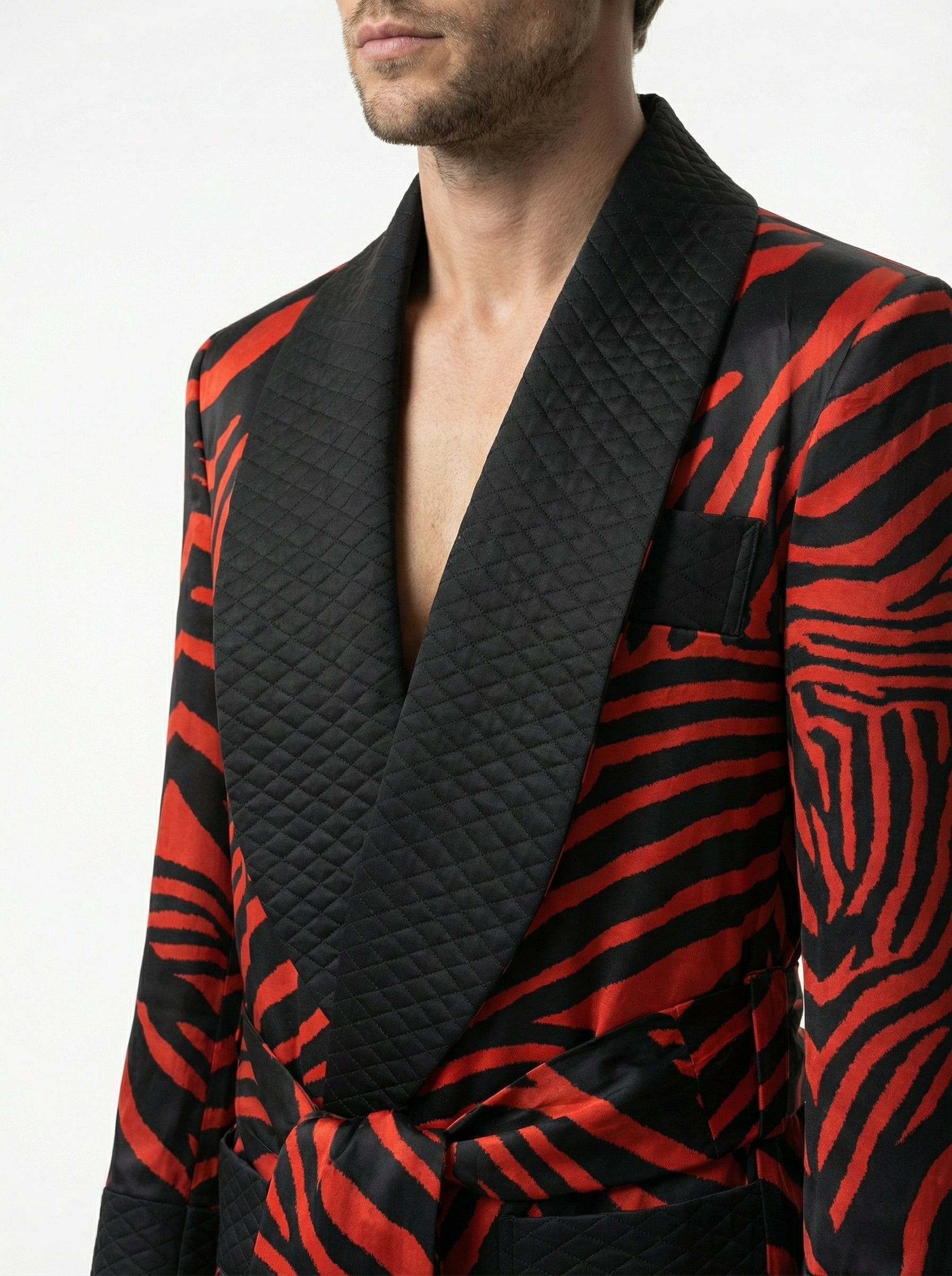 Silk Gown Tiger Print with Diamond Cut Lapels & Cuffs