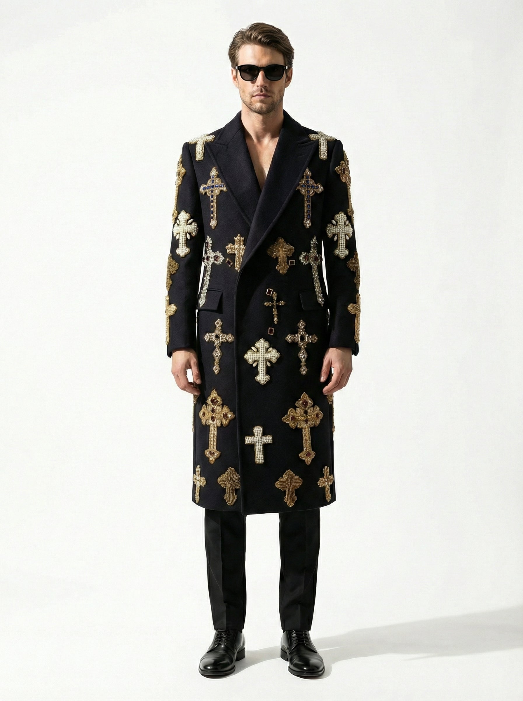 Supreme Italian Wool Christian Cross Embellished Long Jacket