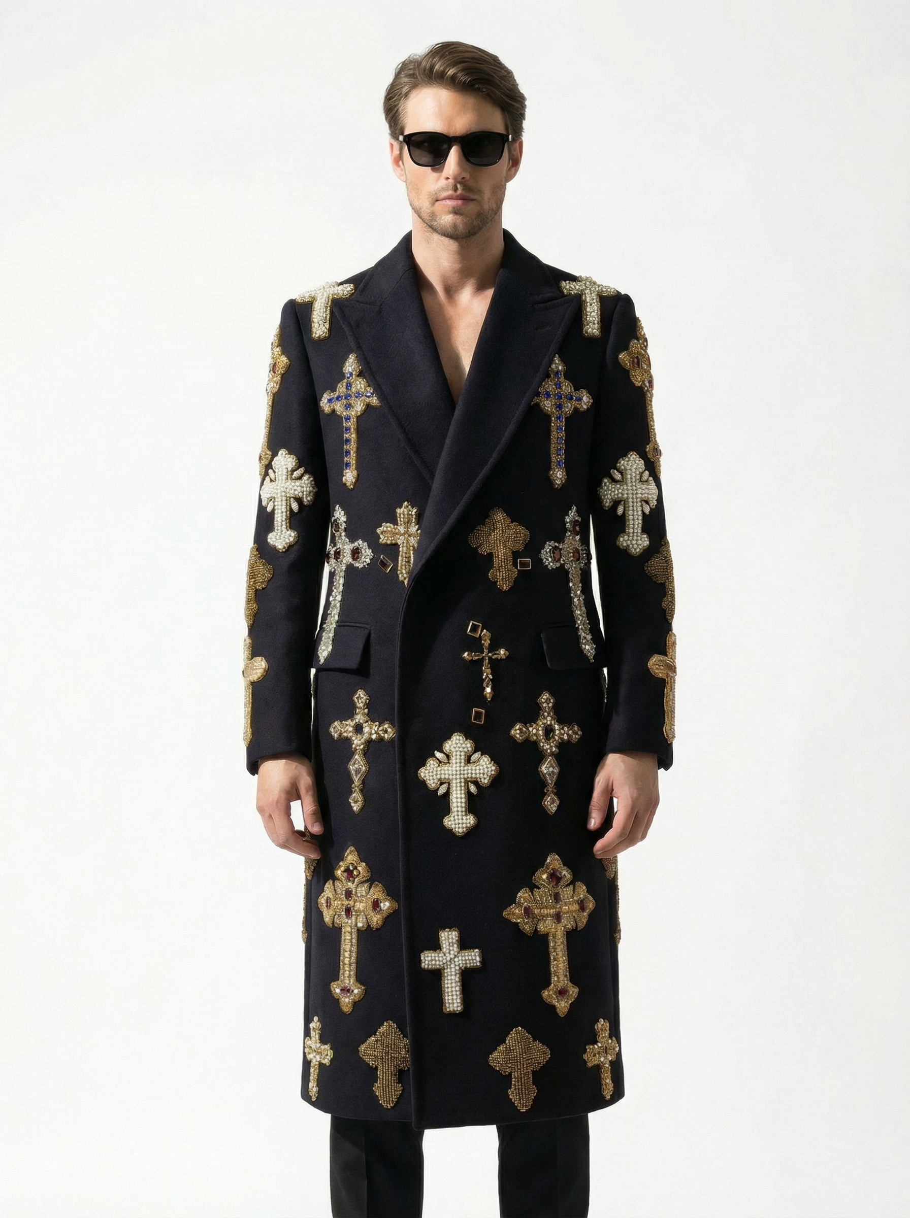 Supreme Italian Wool Christian Cross Embellished Long Jacket