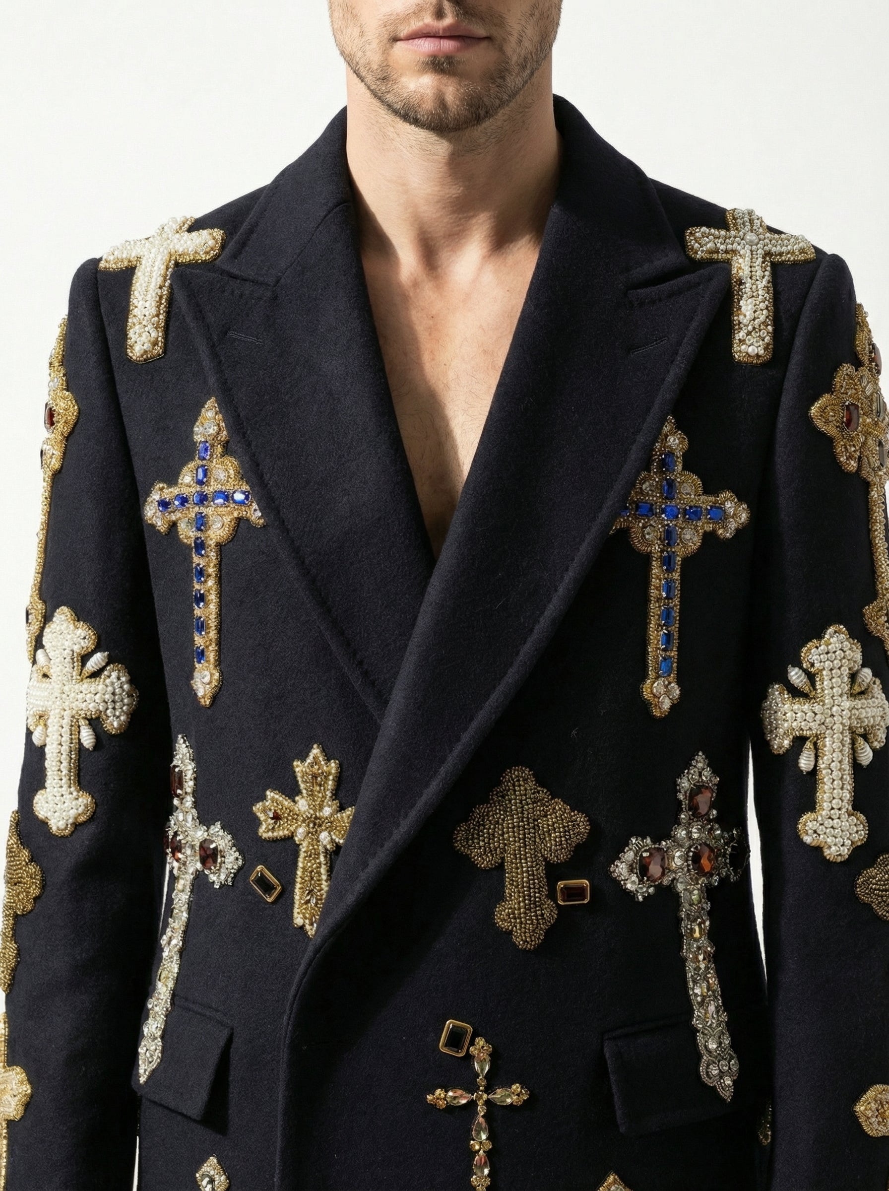 Supreme Italian Wool Christian Cross Embellished Long Jacket