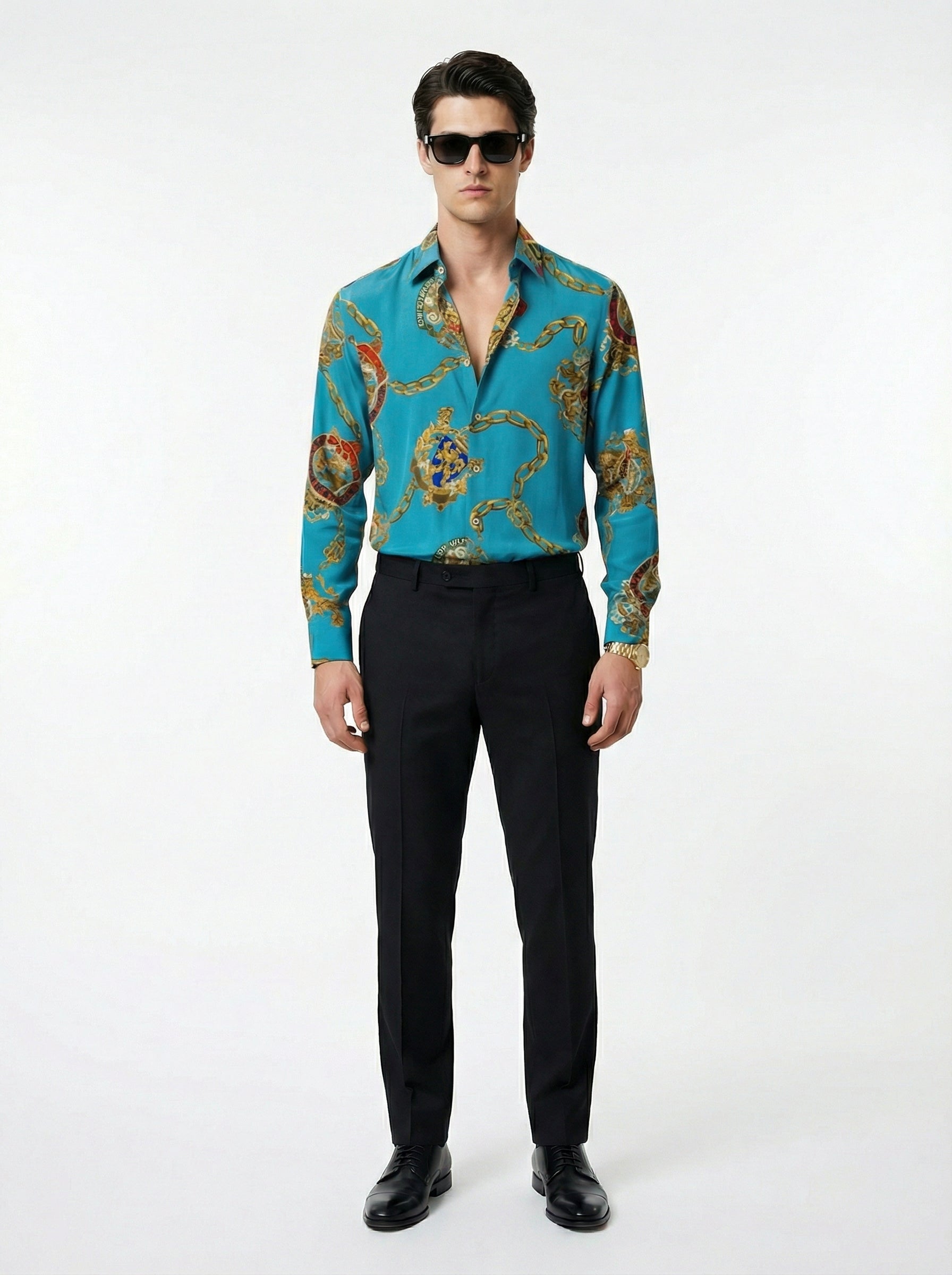 Embossed Silk Heritage Motif Shirt with Super 180s Wool Tailored Pants