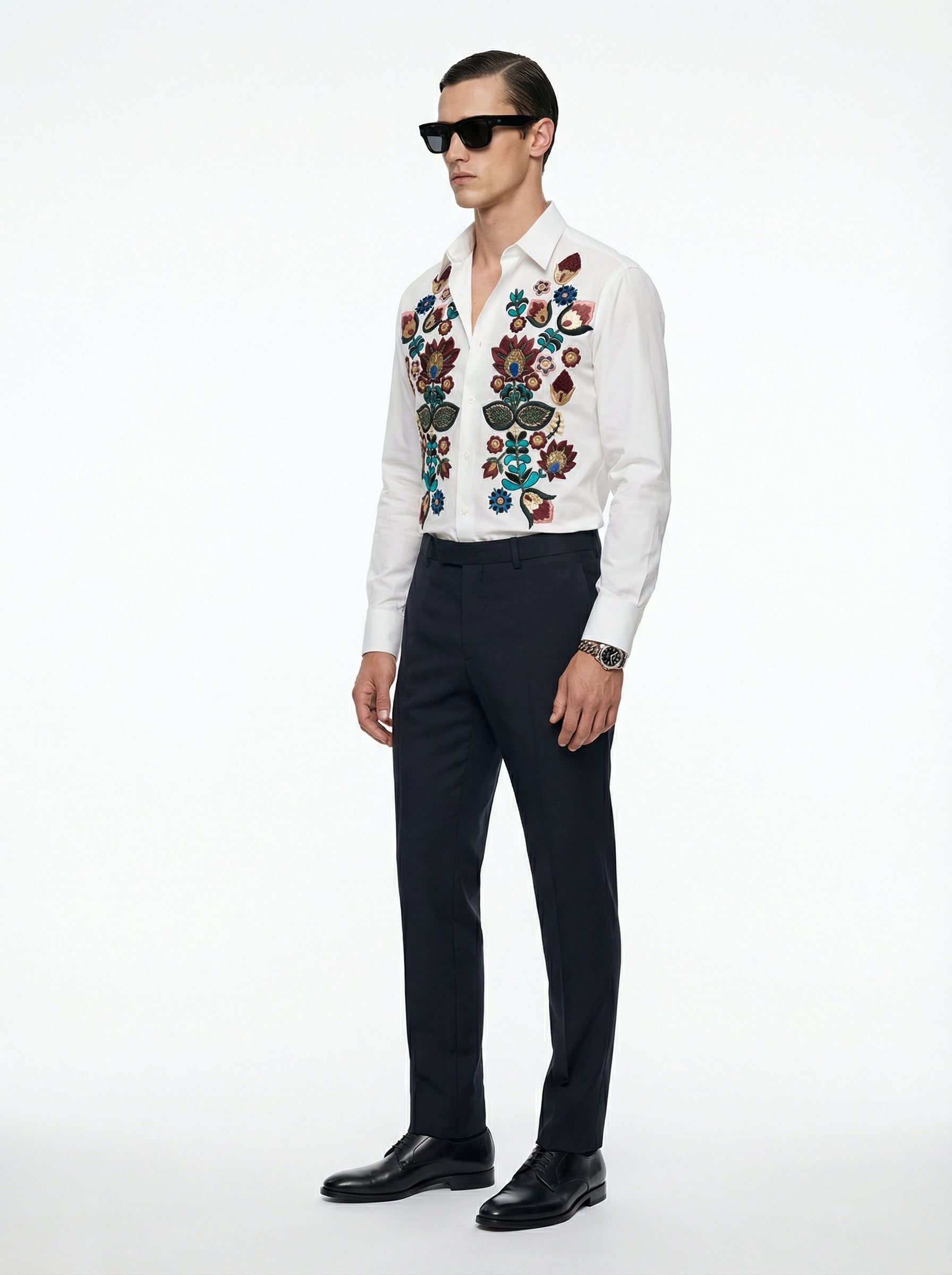 Poplin Cotton Shirt with Multi Raysham Silk Thread Hand Embroidery & Metal Pipe Work with Super 180s Wool Tailored Pants