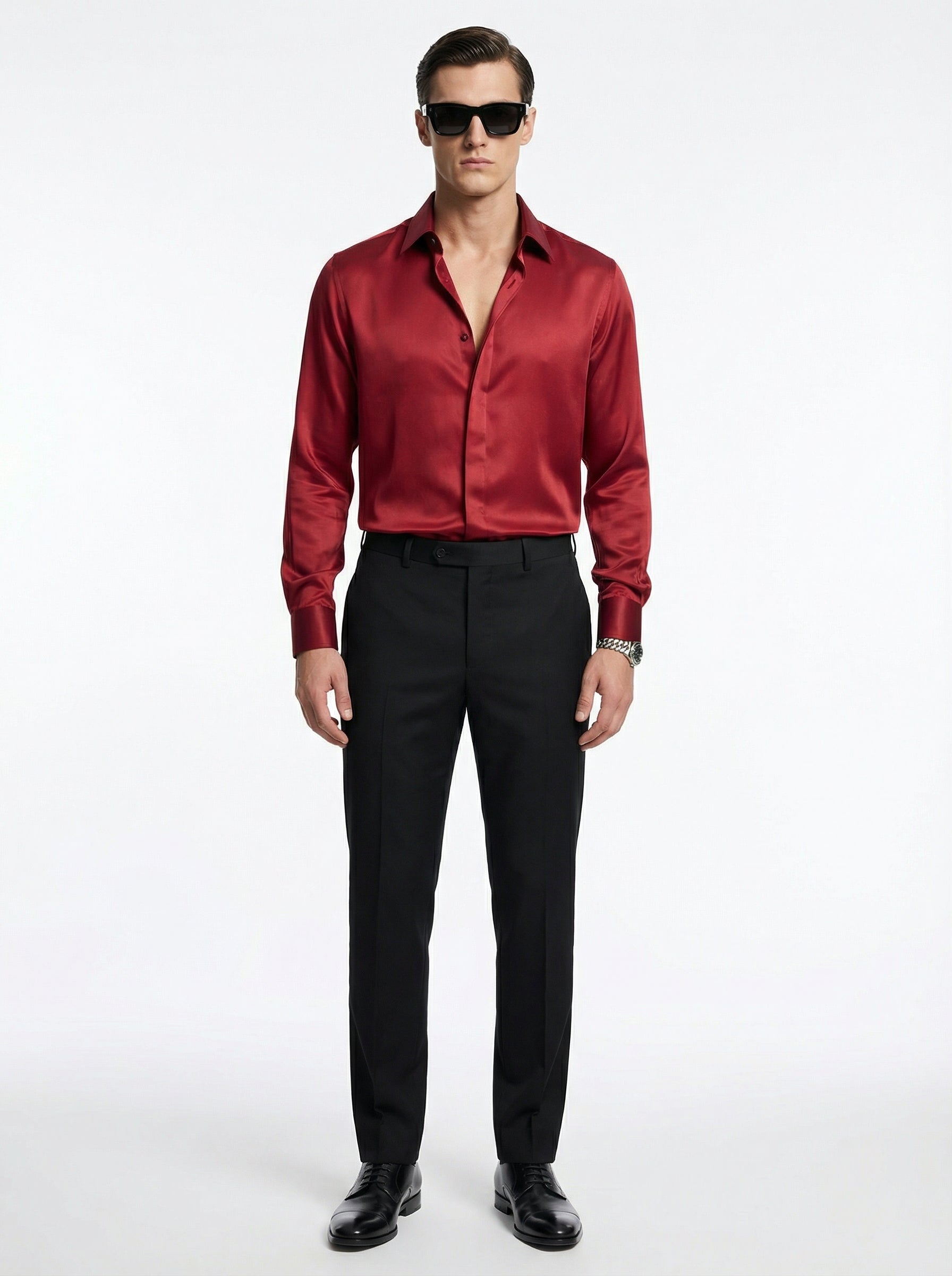 Virgin Silk Blood Red Shirt with Super 180s Wool Tailored Pants