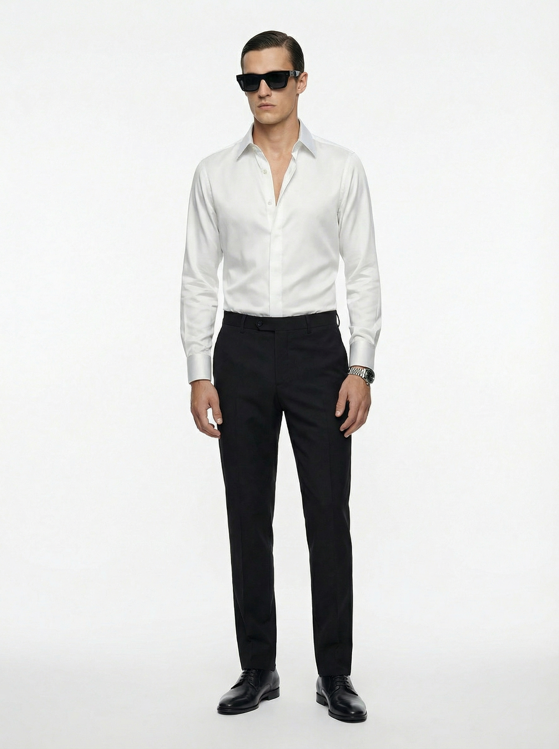 WP White Poplin Cotton High Collar Slim Fit Shirt