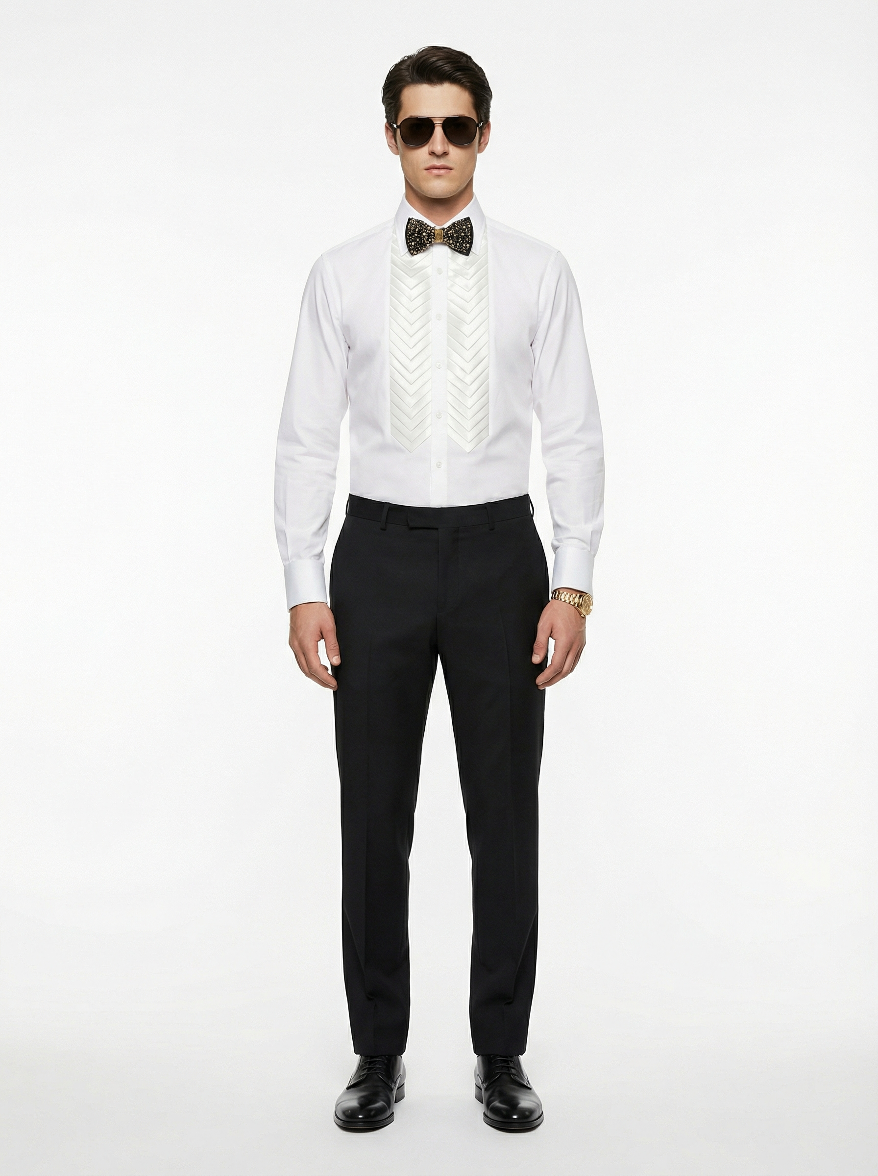 WP Poplin Cotton Shirt with Aero-Shape Silk Plates & Deep Black Satin Silk Bow Tie