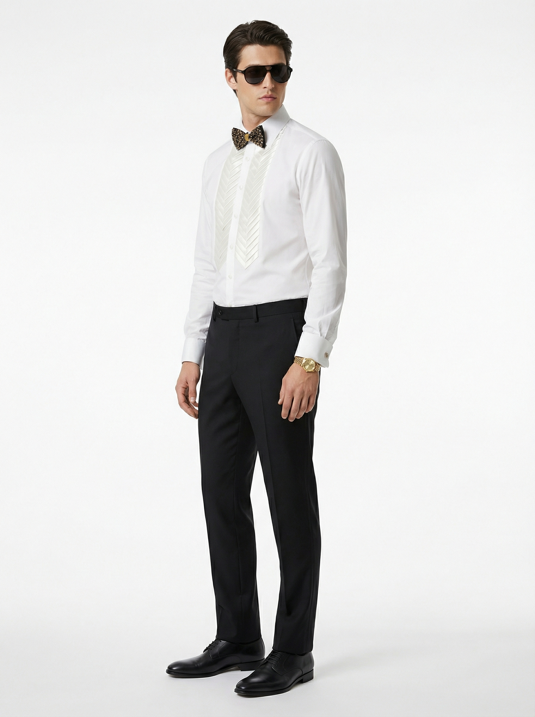 WP Poplin Cotton Shirt with Aero-Shape Silk Plates & Deep Black Satin Silk Bow Tie