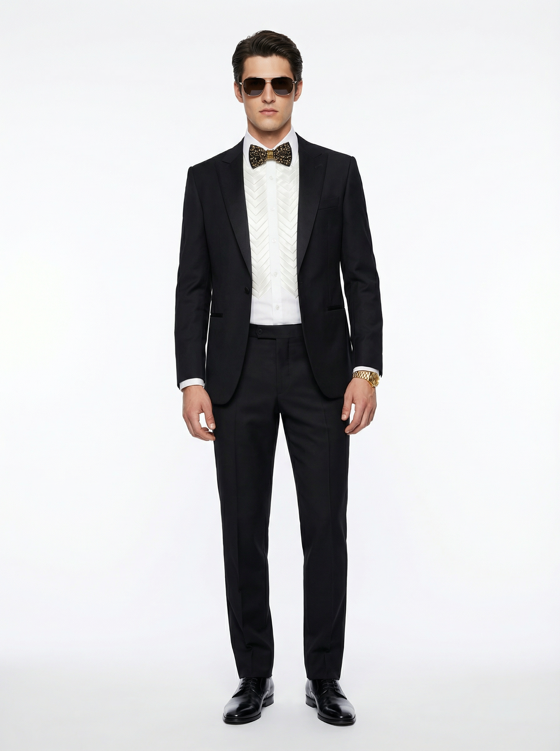 WP Poplin Cotton Shirt with Aero-Shape Silk Plates & Deep Black Satin Silk Bow Tie-thumbmail-3
