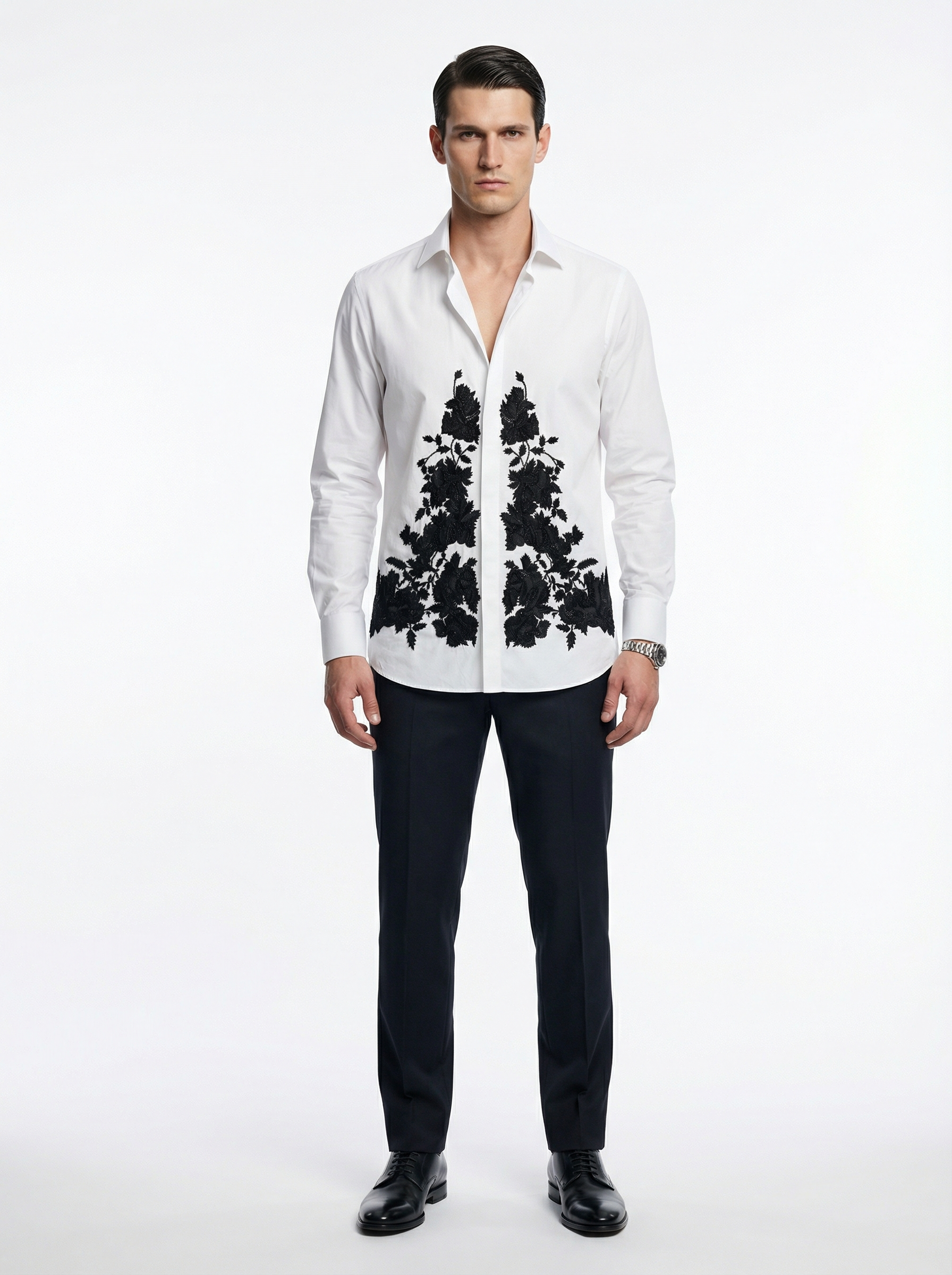 WP Poplin Stretch Cotton Shirt with Black Raysham Silk & Stone Hand-Embellished Bow