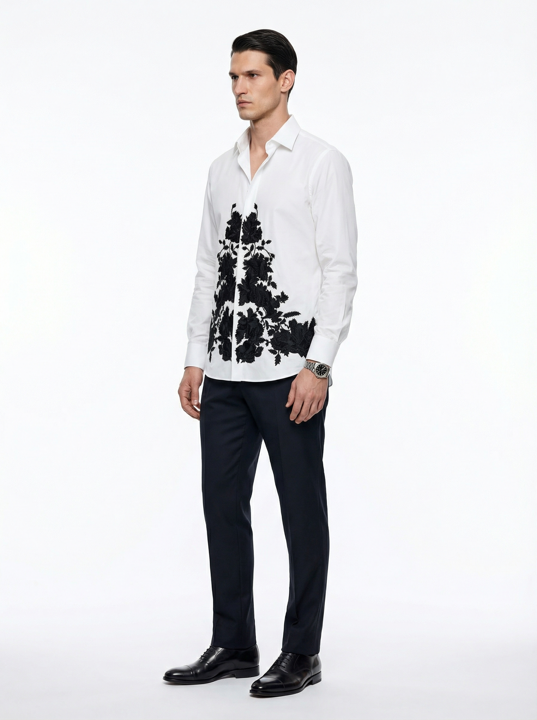 WP Poplin Stretch Cotton Shirt with Black Raysham Silk & Stone Hand-Embellished Bow