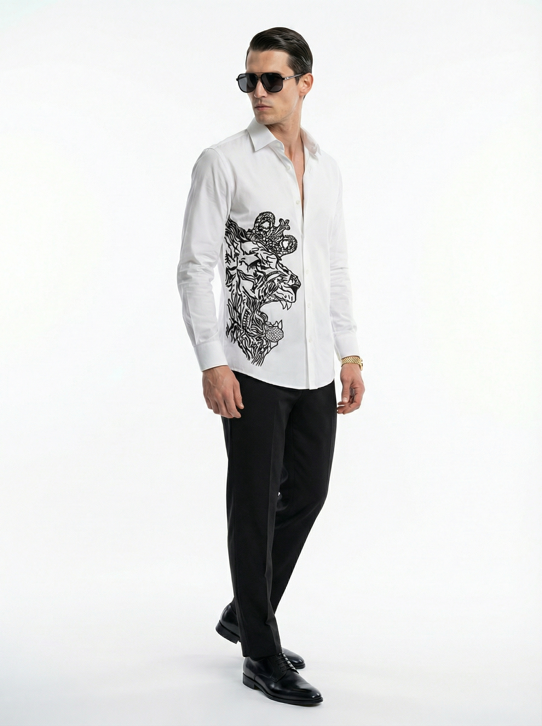 WP Egyptian Cotton Shirt with Raysham Silk Thread Hand-Worked Lion Face