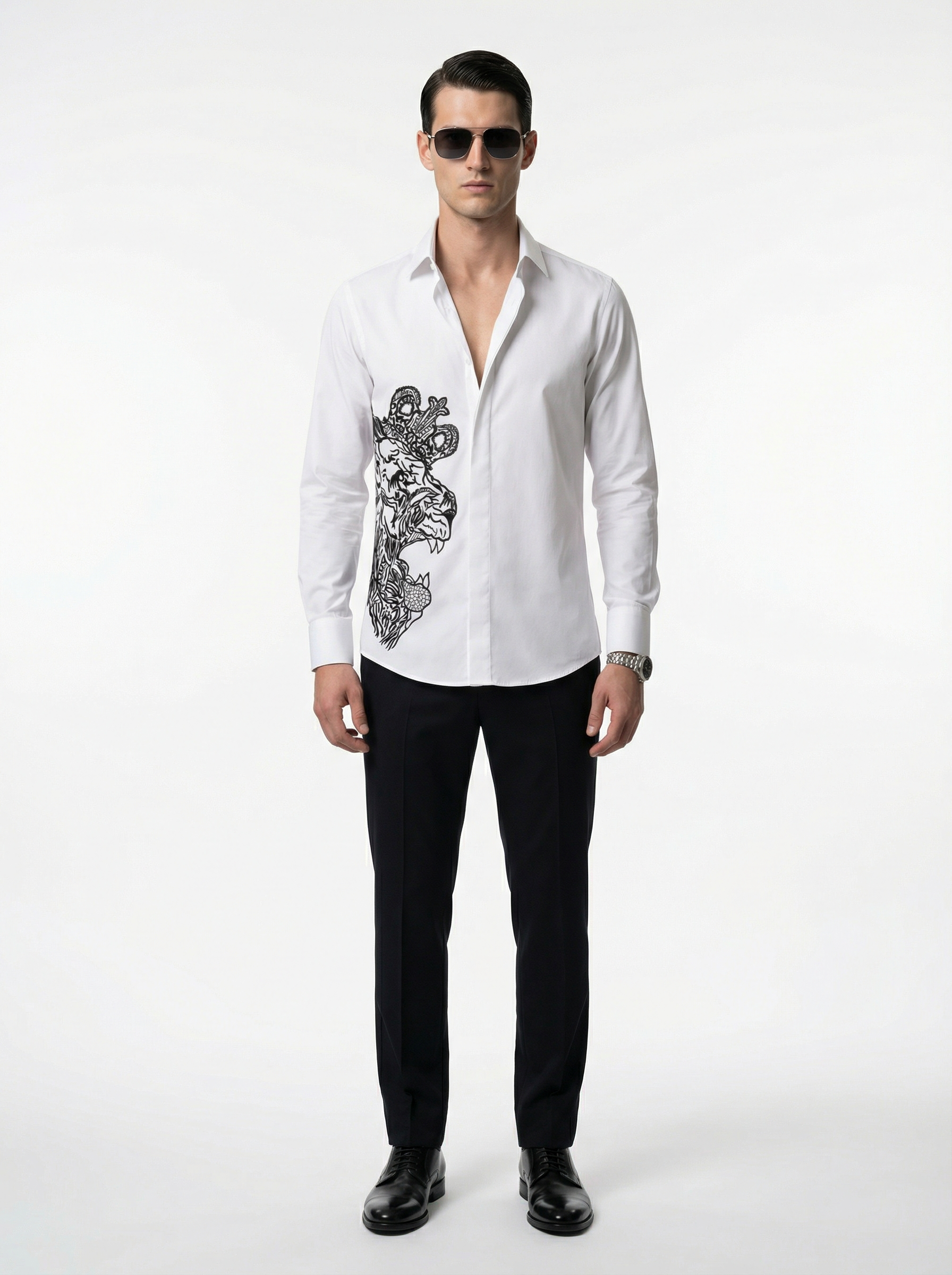 WP Egyptian Cotton Shirt with Raysham Silk Thread Hand-Worked Lion Face