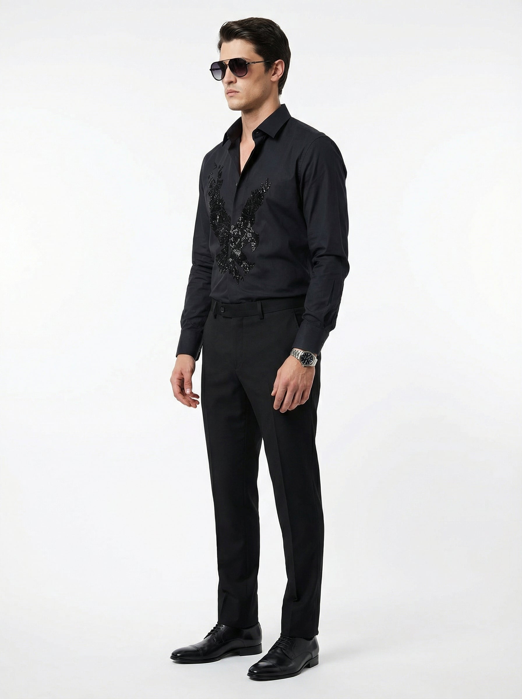 WP Black Egyptian Cotton Shirt with American Eagle Logo Stone Work Hand Embellishment