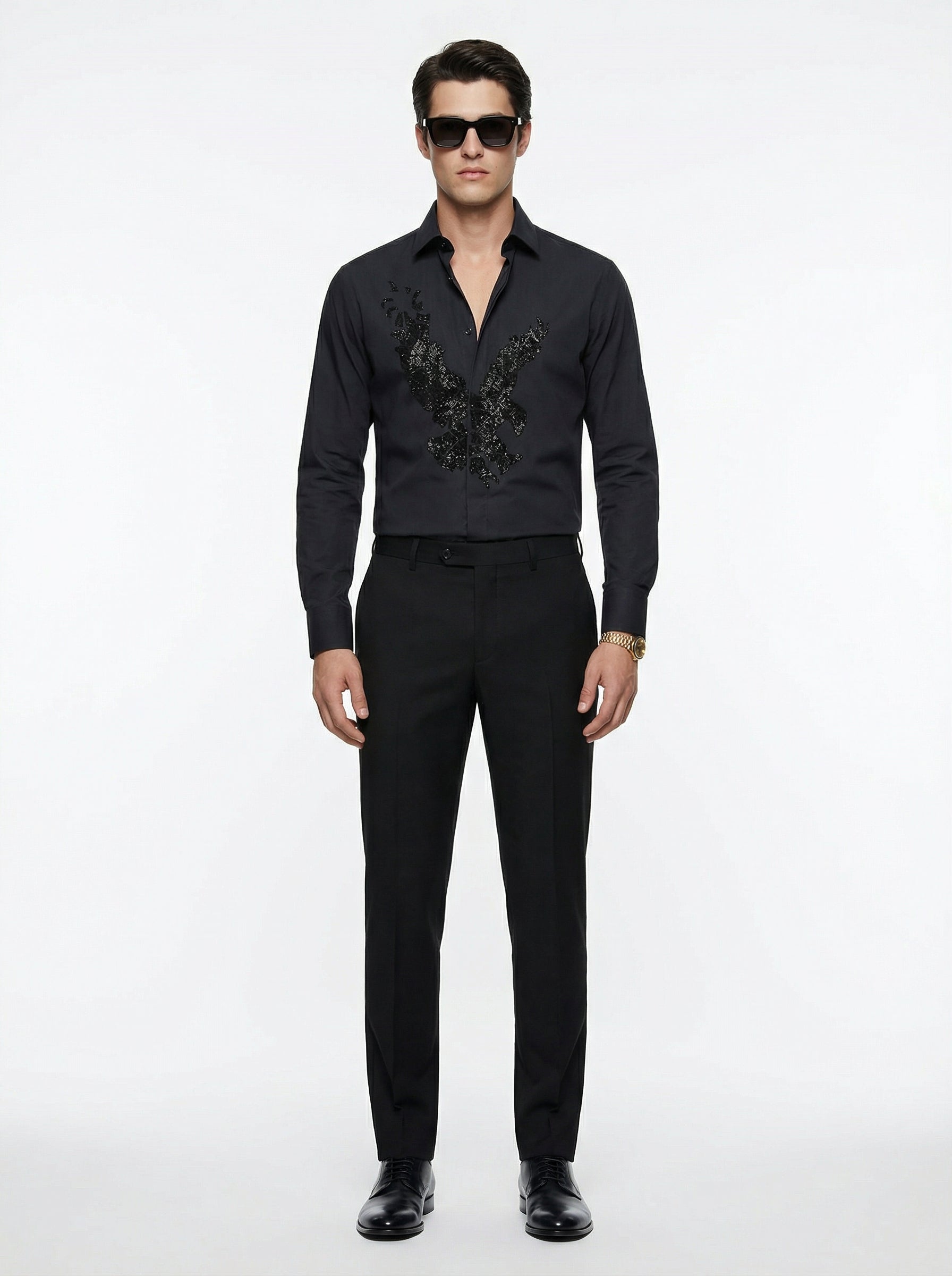 WP Black Egyptian Cotton Shirt with American Eagle Logo Stone Work Hand Embellishment