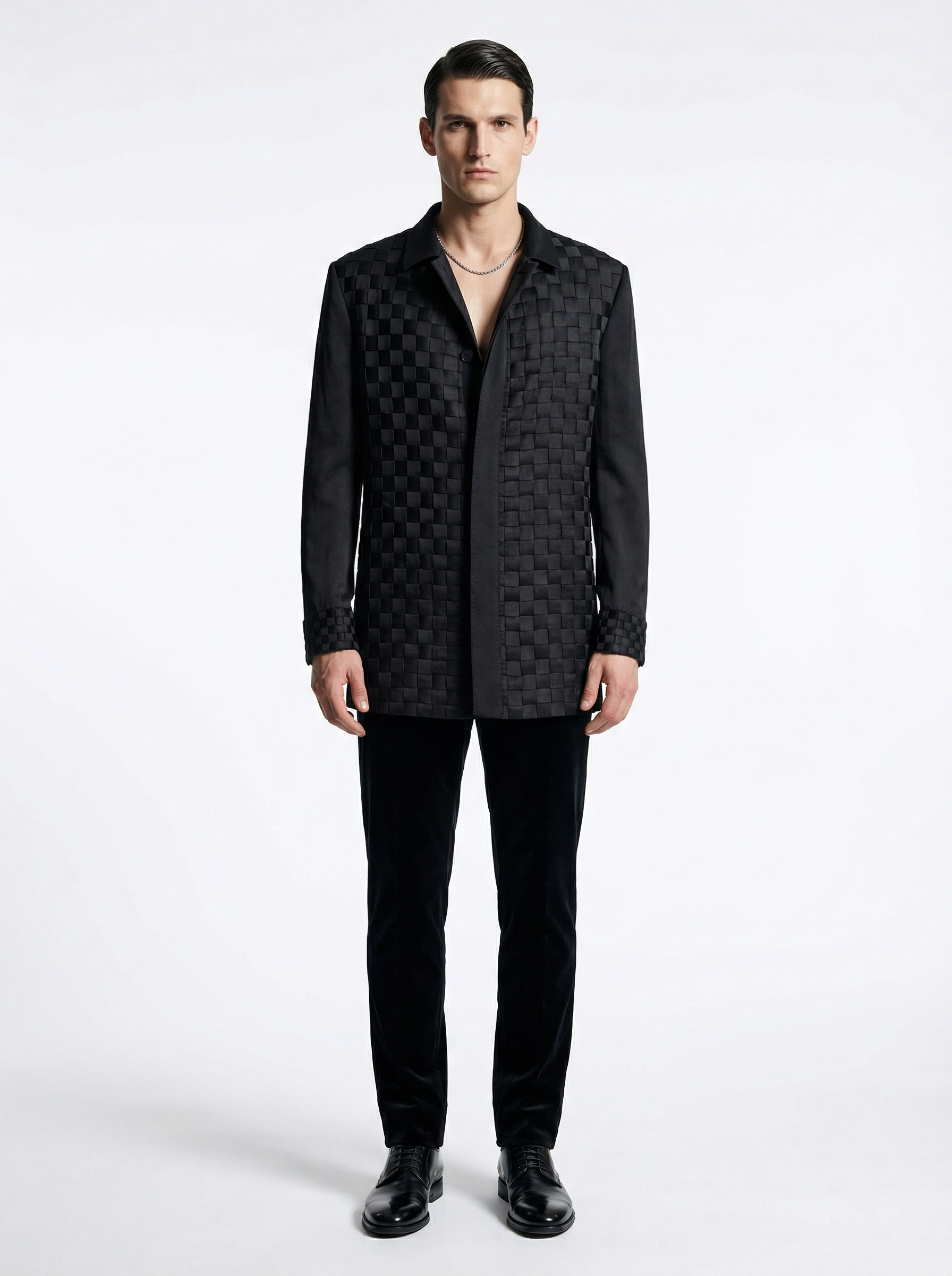 Virgin Deep Black Silk Strip Constructed Jacket with Silk Pants-thumbmail-3