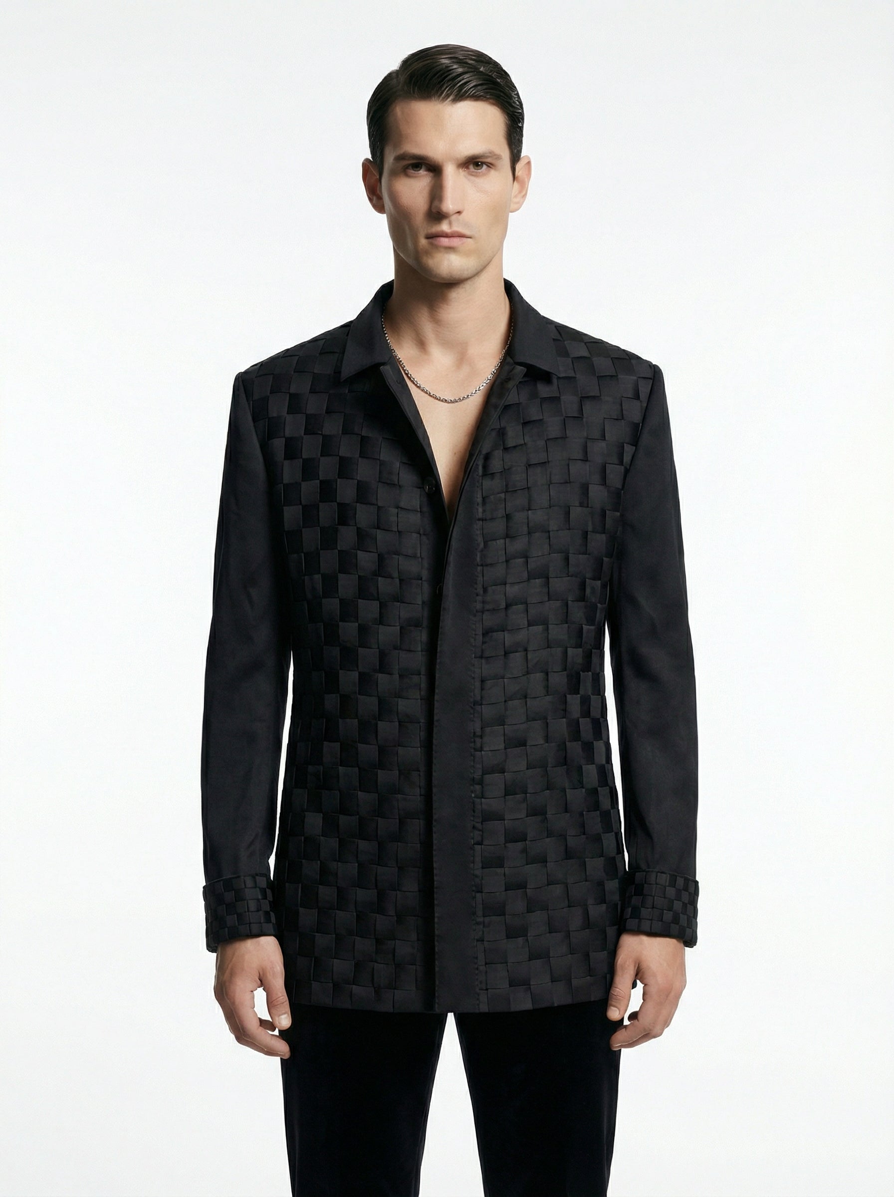 Virgin Deep Black Silk Strip Constructed Jacket with Silk Pants