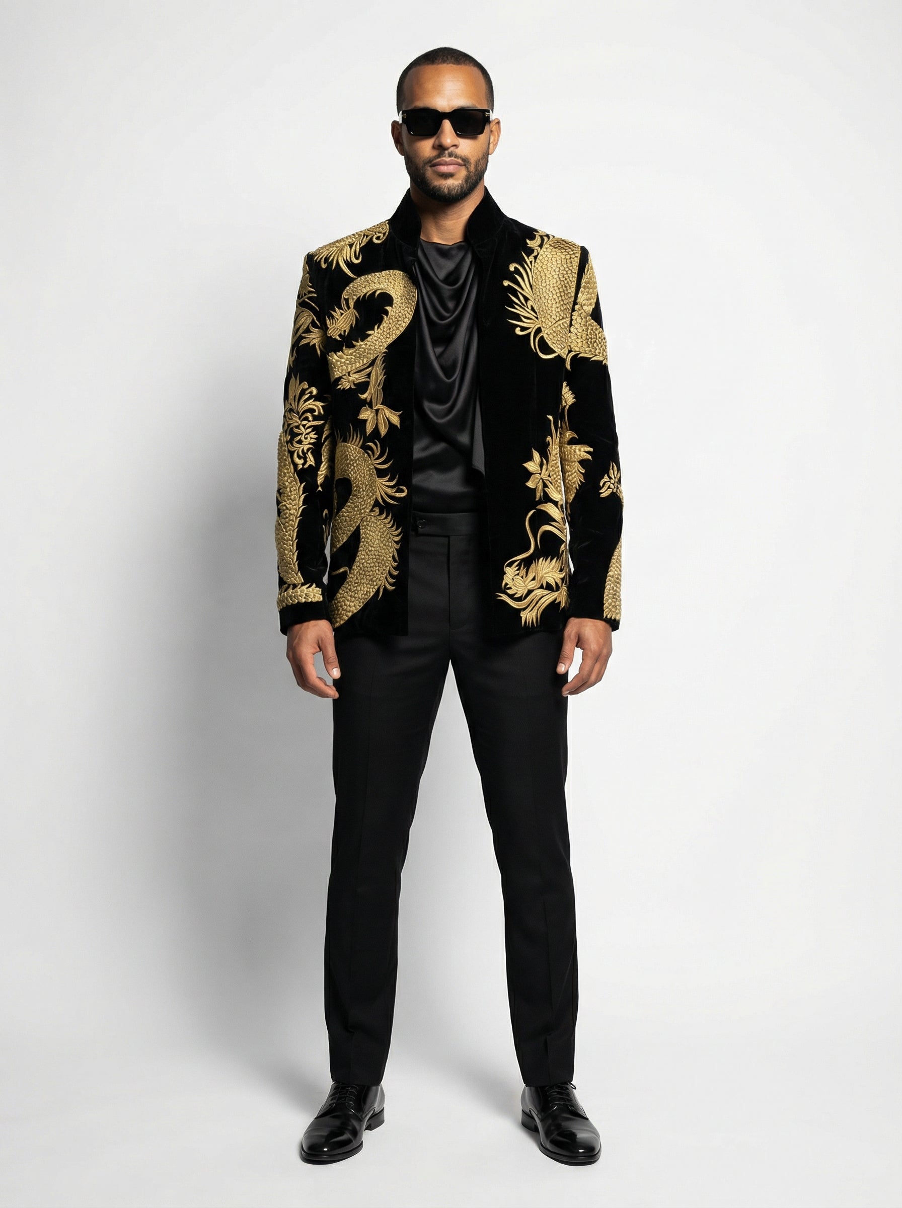 Hand-Made Black Velvet High Ban Collar Jacket with Dull Gold Silk &amp; Tilla Thread Chinese Dragon-thumbmail-3