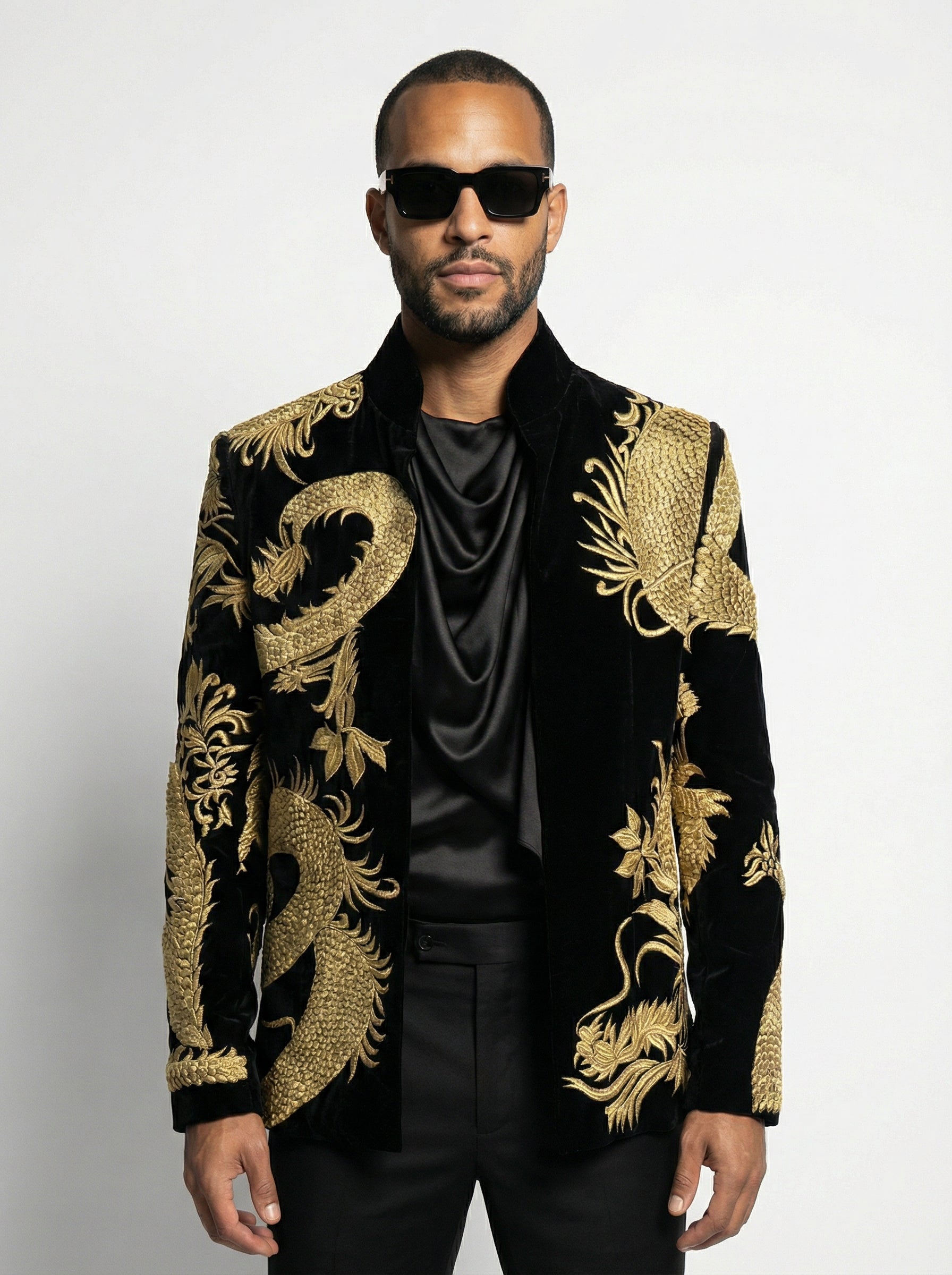 Hand-Made Black Velvet High Ban Collar Jacket with Dull Gold Silk &amp; Tilla Thread Chinese Dragon