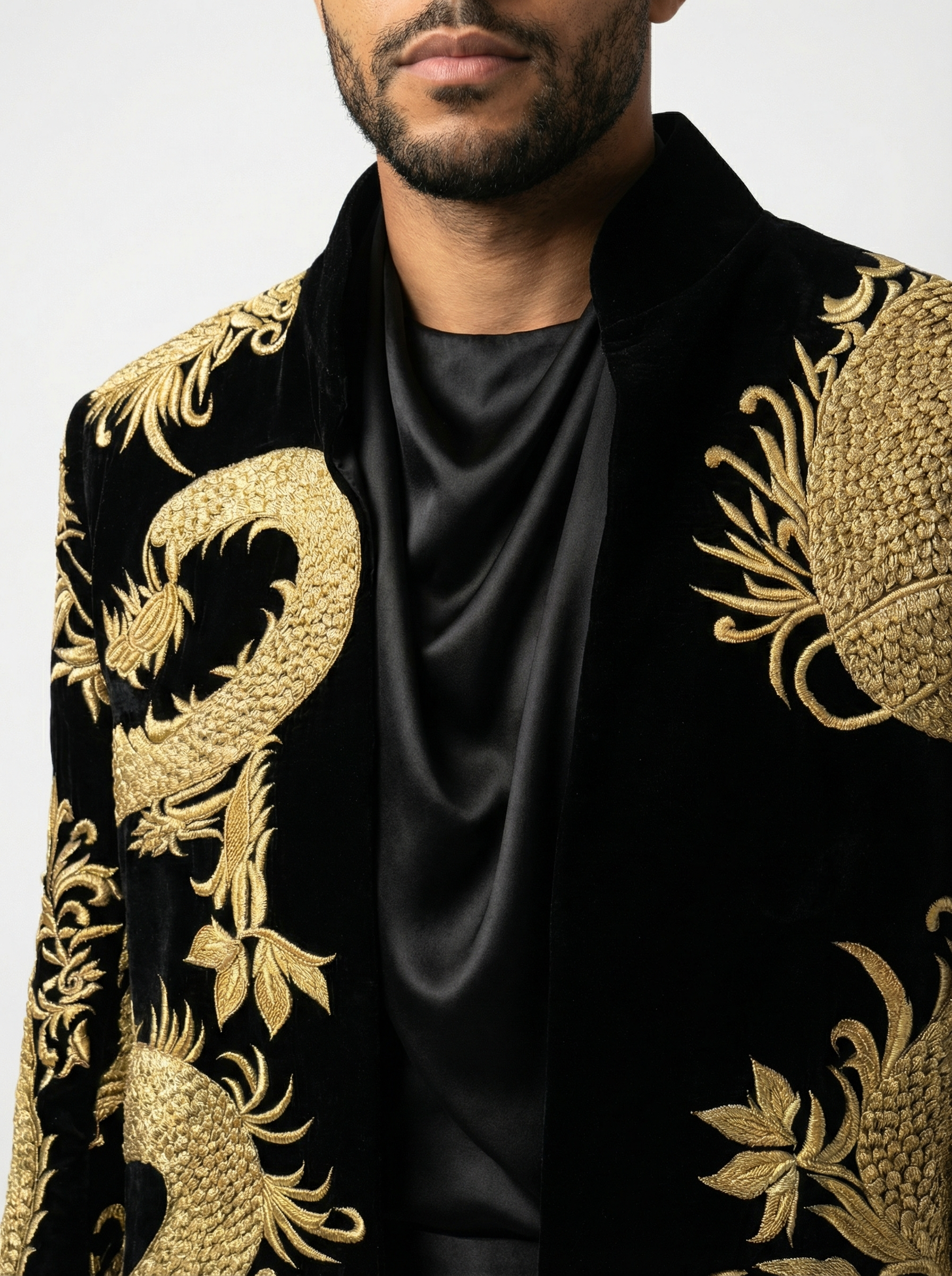 Hand-Made Black Velvet High Ban Collar Jacket with Dull Gold Silk &amp; Tilla Thread Chinese Dragon