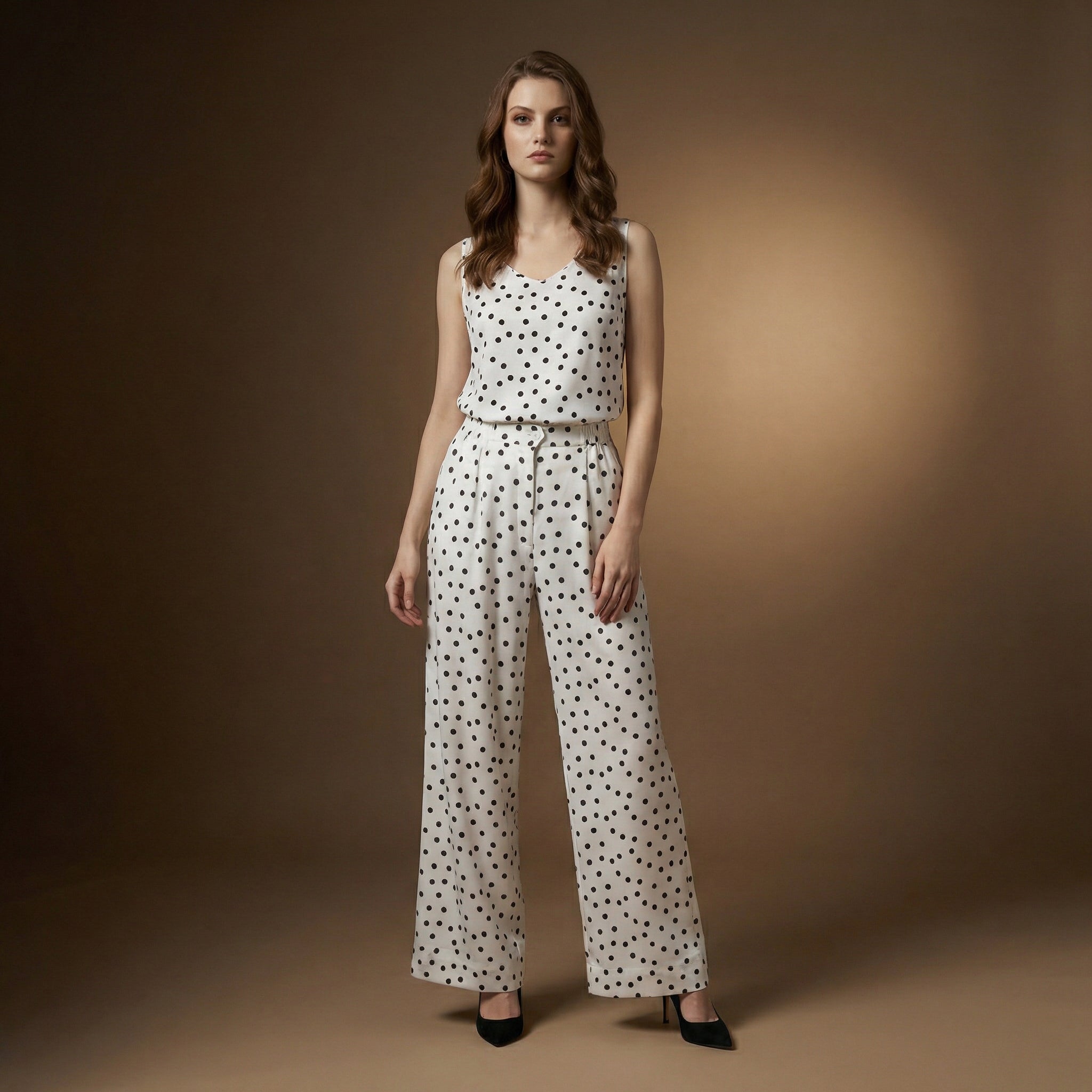 WP Warm White Polka Dot Virgin Silk Vest & Trousers Set