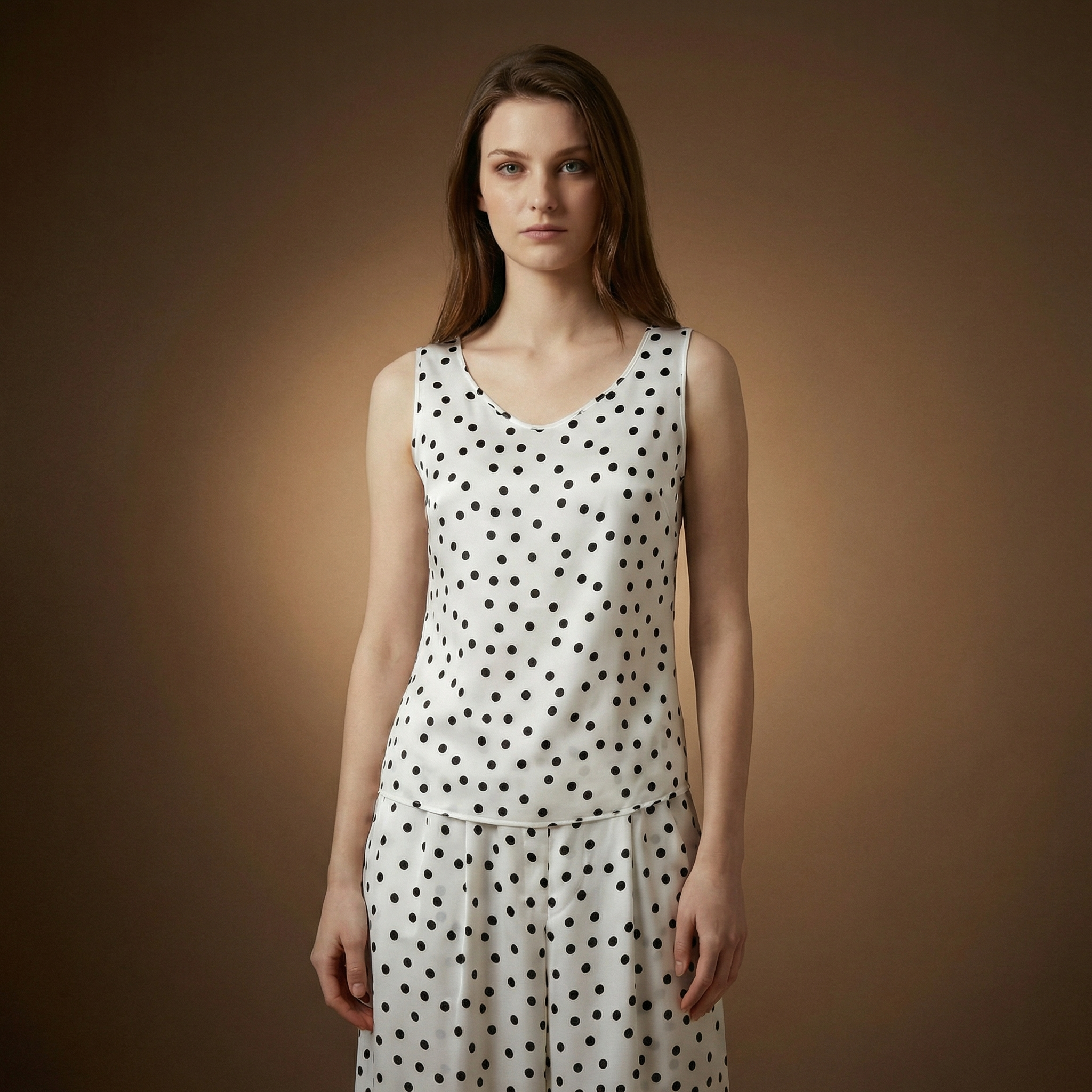 WP Warm White Polka Dot Virgin Silk Vest & Trousers Set
