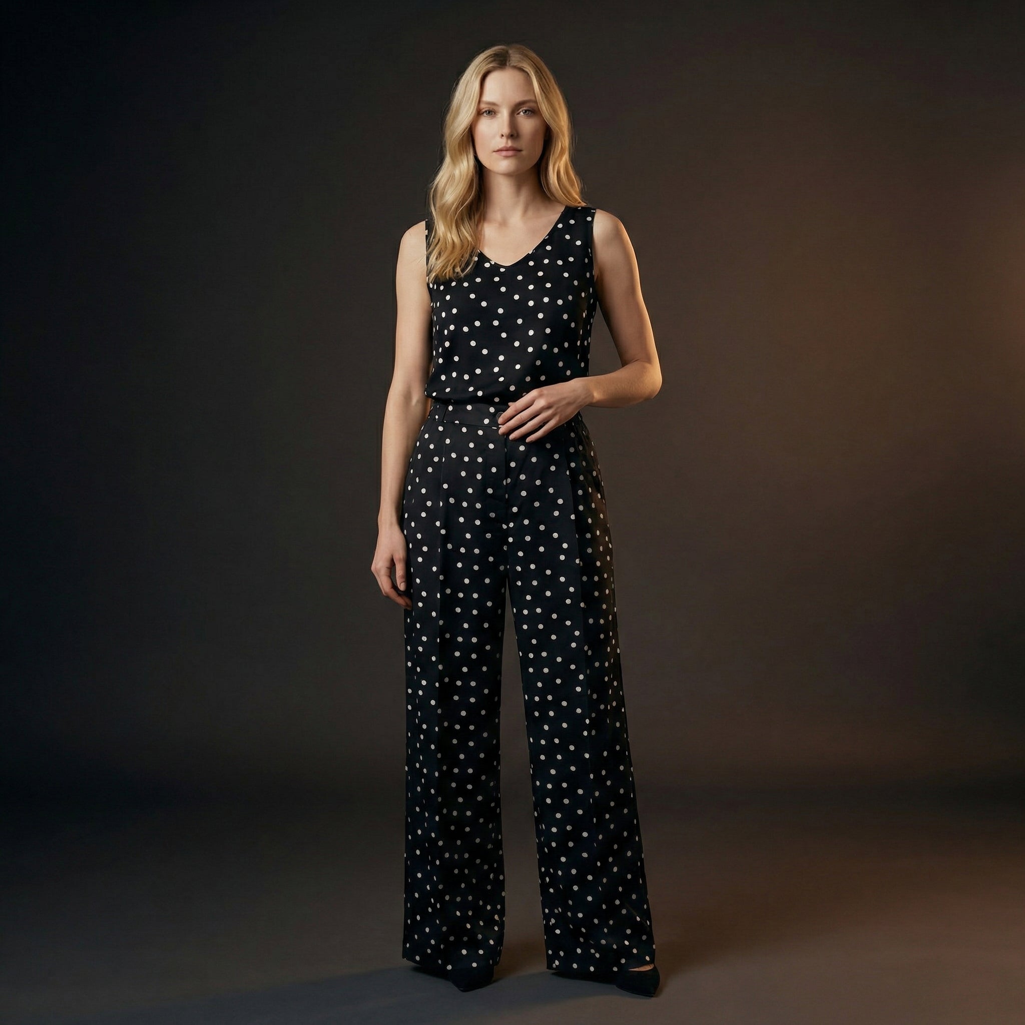 WP Black & White Polka Dot Virgin Silk Top & Trousers Set