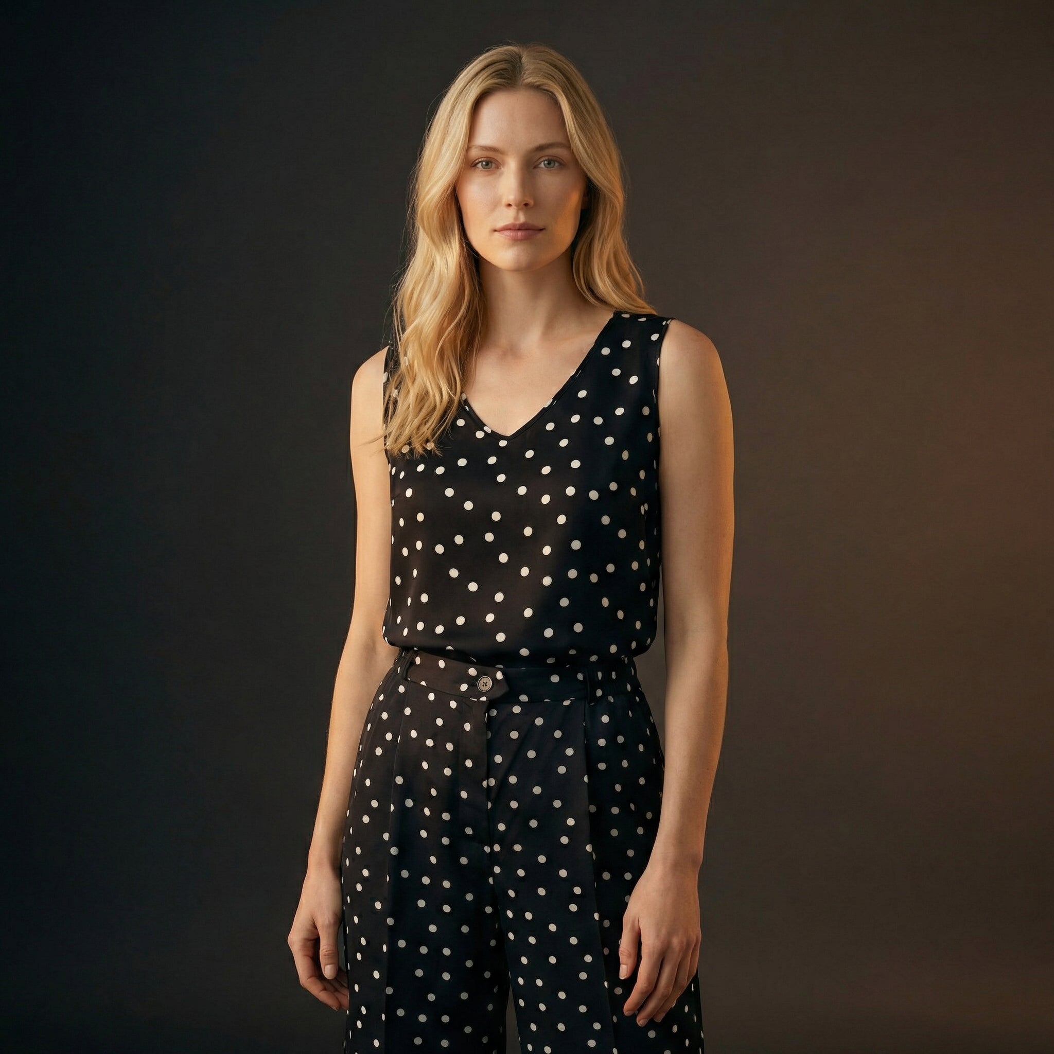 WP Black & White Polka Dot Virgin Silk Top & Trousers Set