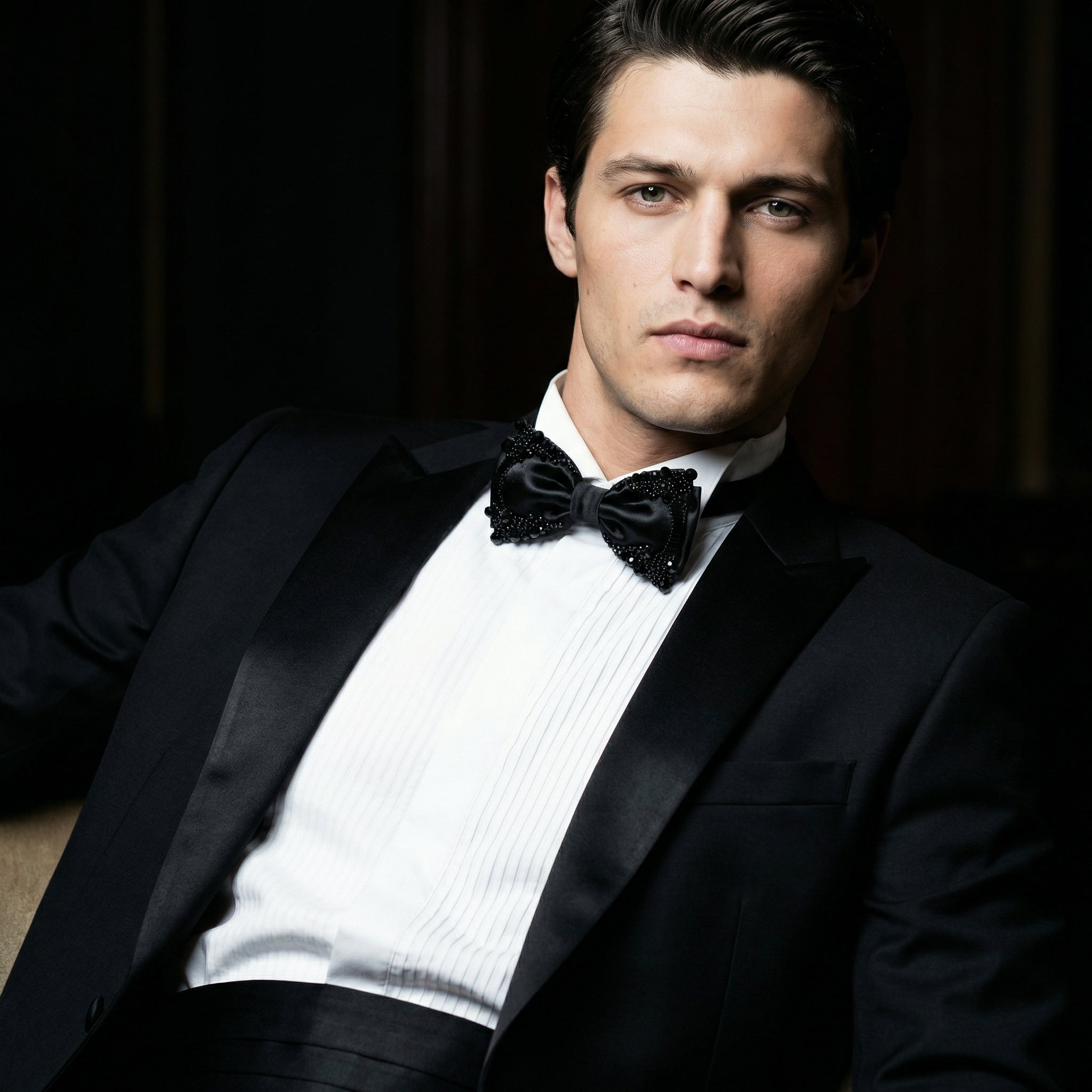 WP Deep Black Silk Crystal Glamour Bow Tie