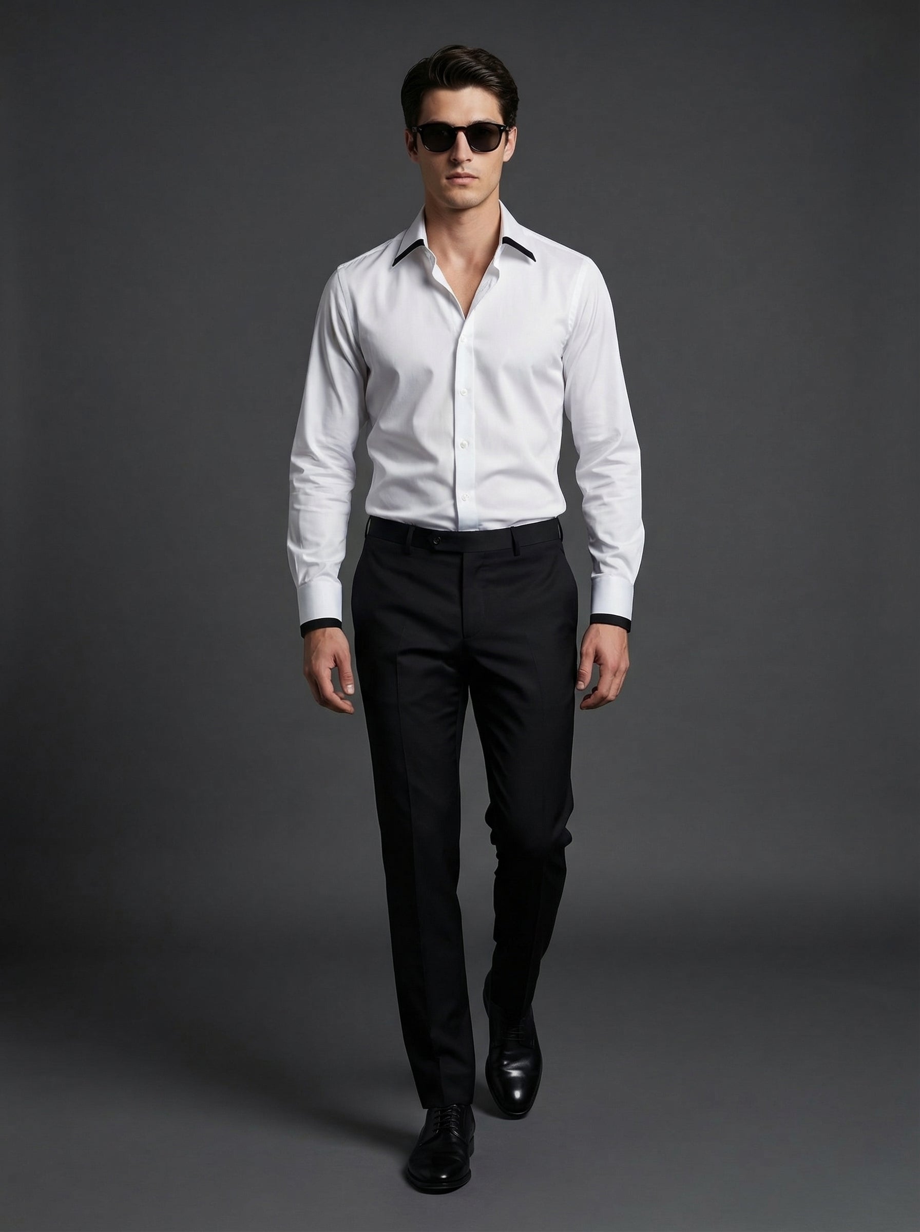 White Poplin Shirt with High Collar Velvet Stripe-thumbmail-3