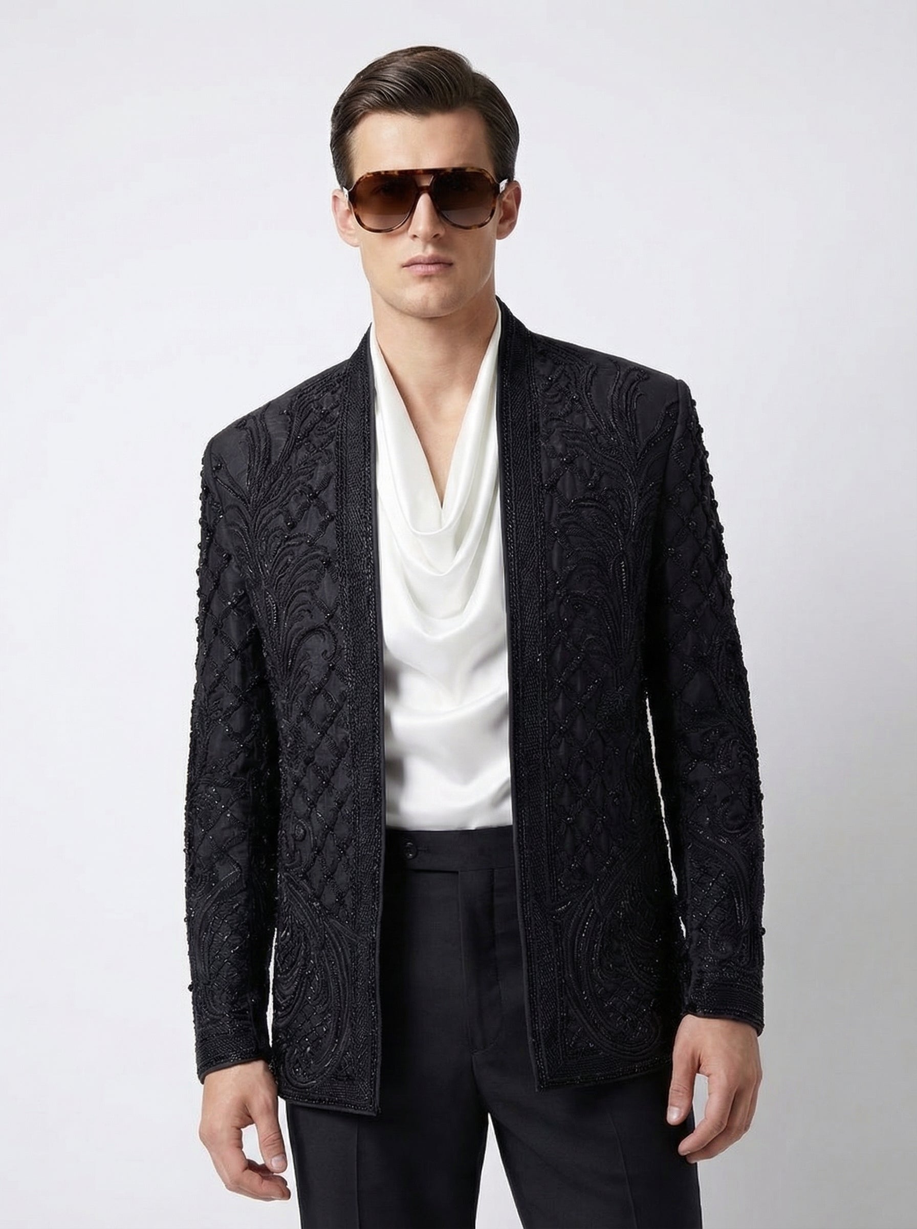 Stone Black Raw Silk Gown Glamour Jacket with Hand Embroidered Detailing