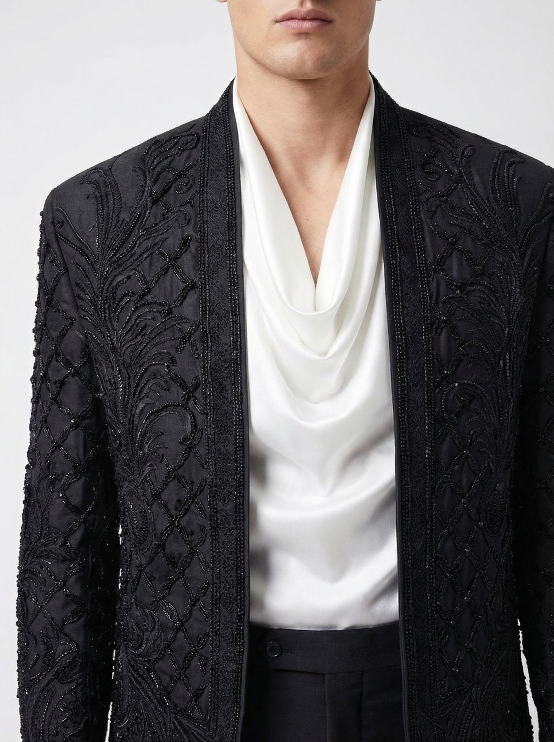 Stone Black Raw Silk Gown Glamour Jacket with Hand Embroidered Detailing