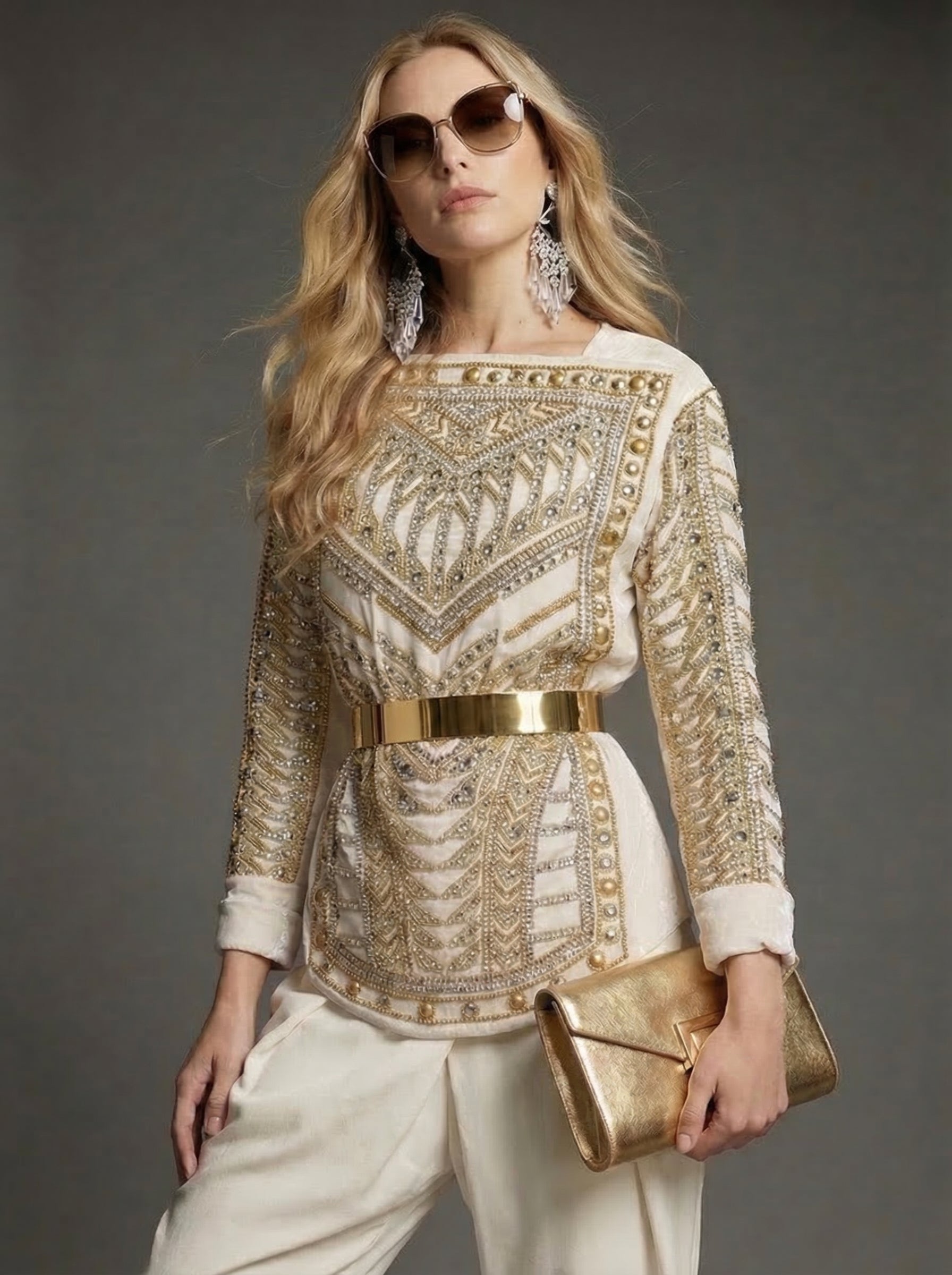 WP Off White & Gold Velvet Raysham Crystal Couture Ensemble