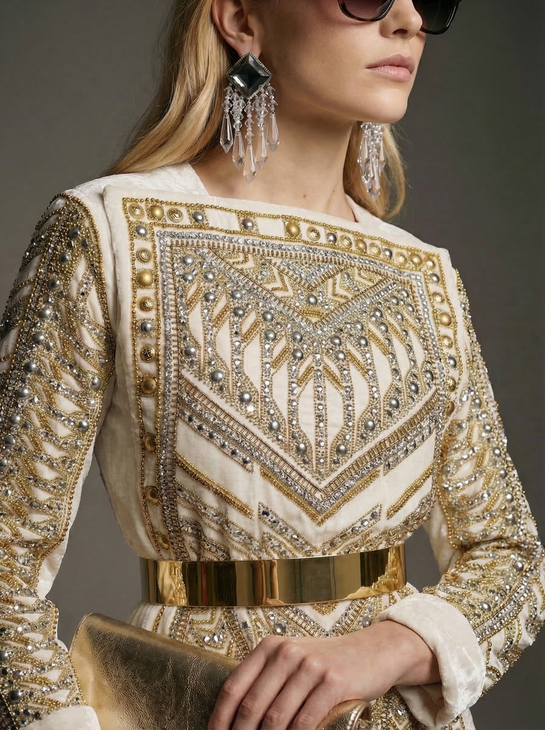 WP Off White & Gold Velvet Raysham Crystal Couture Ensemble