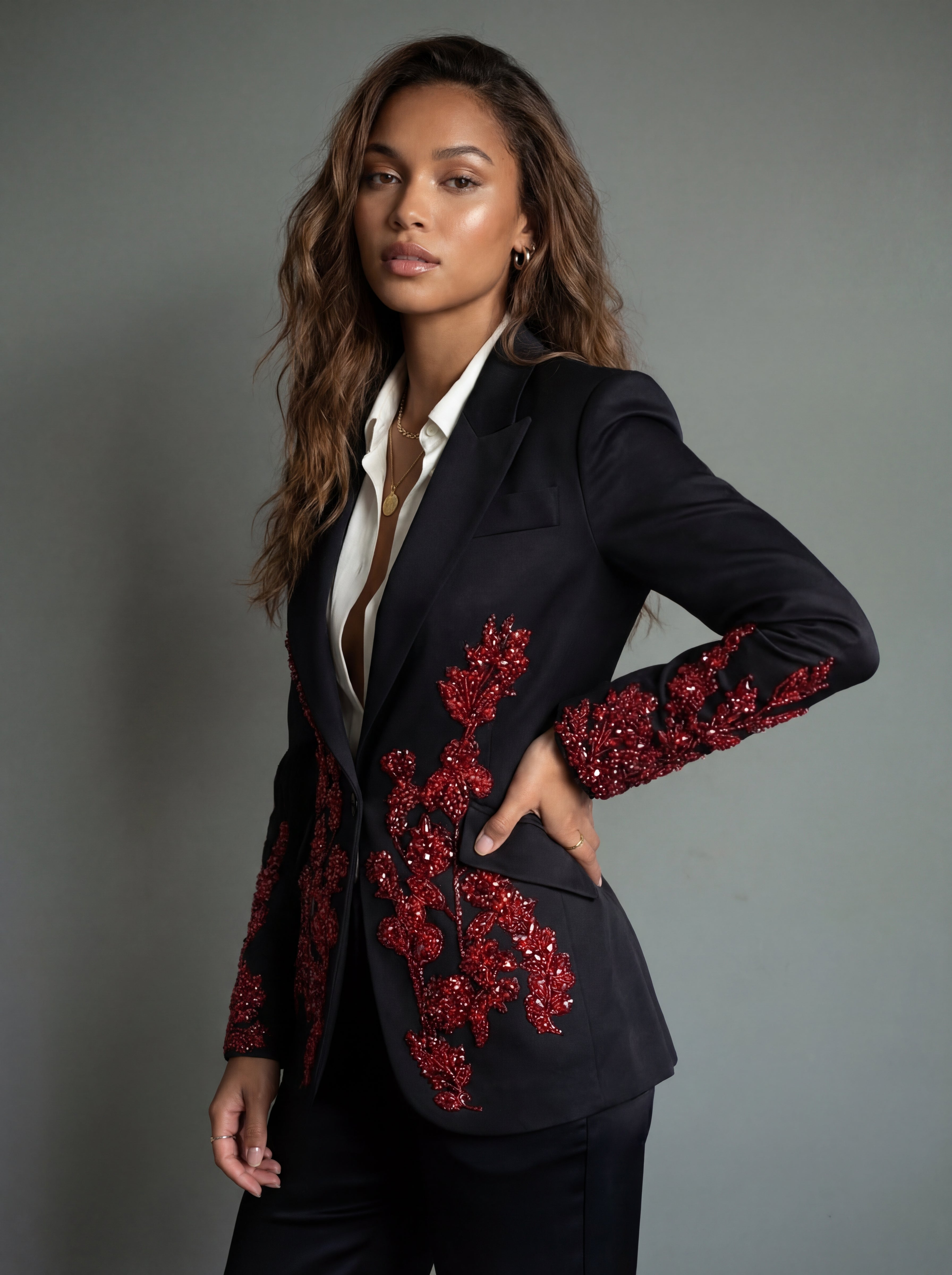 WP Super 180s Italian Wool Black & Crimson Crystal Couture Jacket Set-thumbmail-4